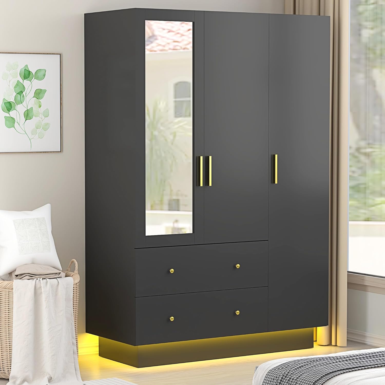 Blotout 70" Armoire Wardrobe Closet with Mirror, LED Wardrobe Armoire with 2 Drawers, 3 Door Wood Armoire Storage with Hanging Rods and Multi-Layer Shelves(Black)