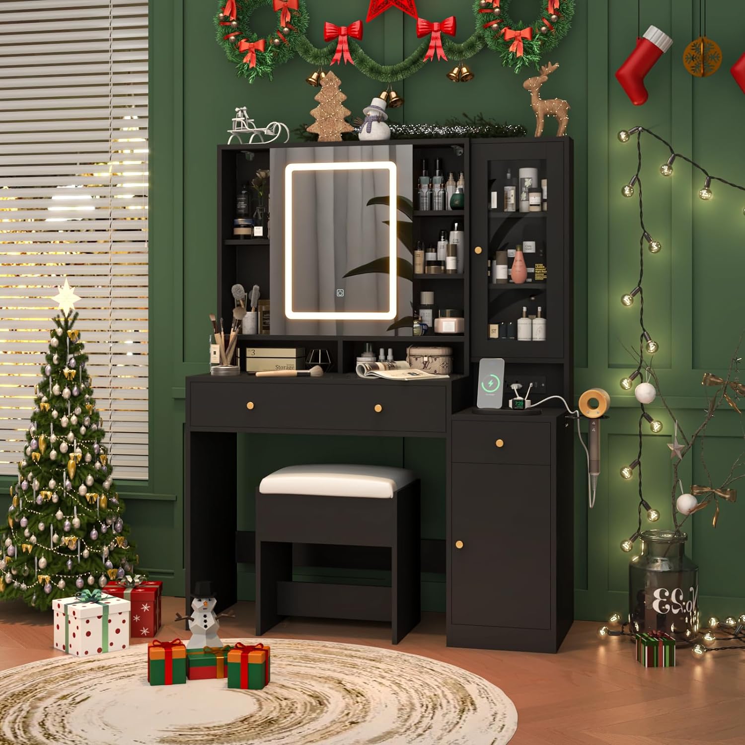Black Vanity Desk with Sliding Mirror & Lights, Vanity Table Makeup Desk with Charging Station 2 Drawers 2 Doors, Lots of Storage Shelves, Large Vanity Set with Cushioned Stool