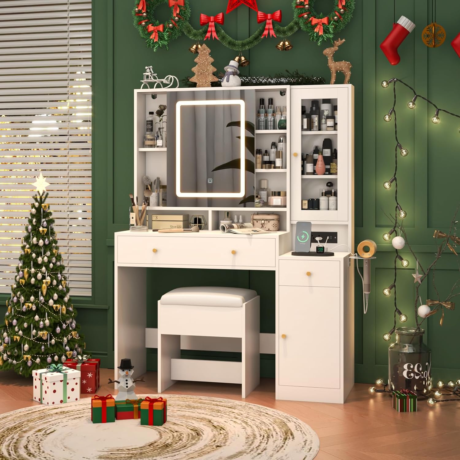 Black Vanity Desk with Sliding Mirror & Lights, Vanity Table Makeup Desk with Charging Station 2 Drawers 2 Doors, Lots of Storage Shelves, Large Vanity Set with Cushioned Stool