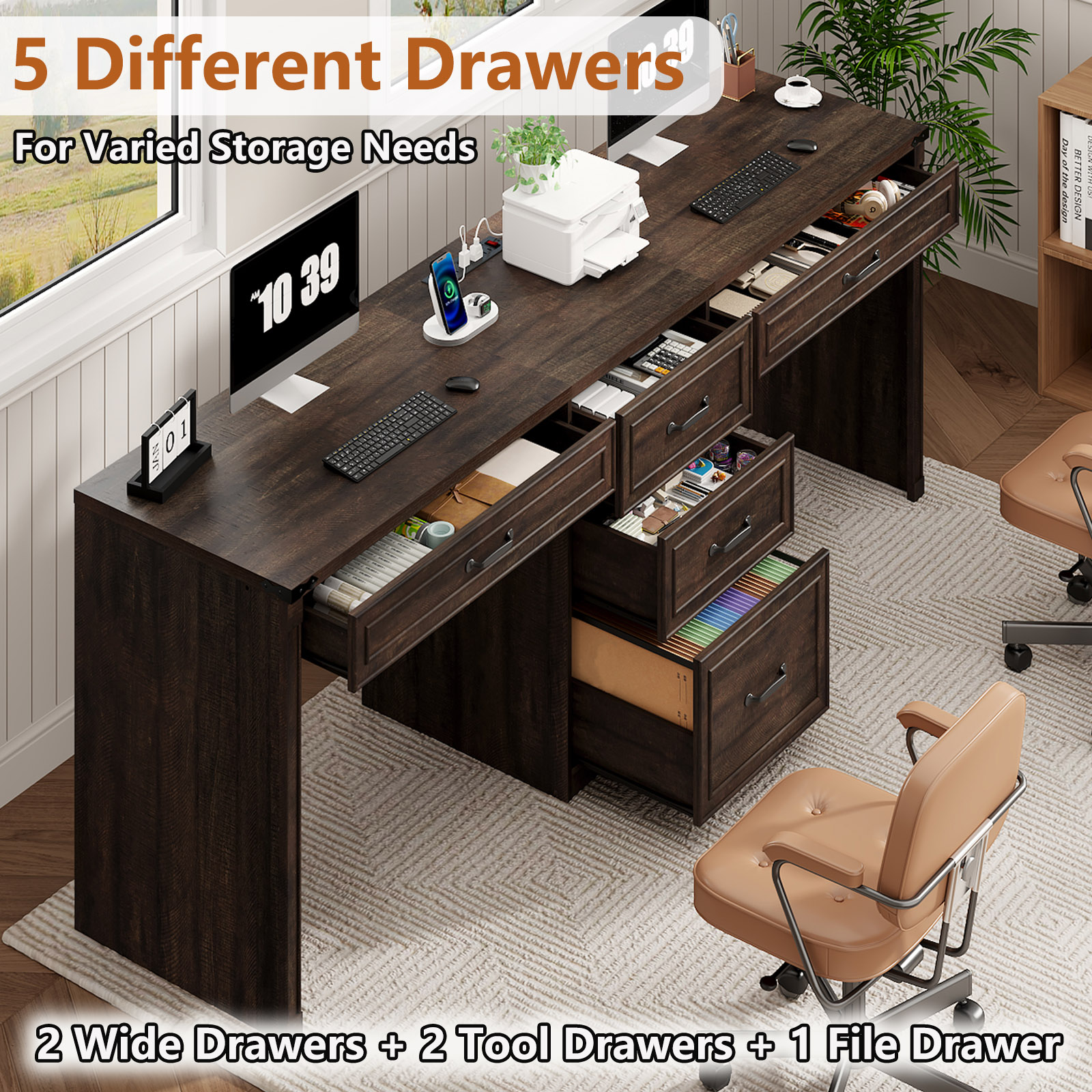81" 2 Person Desk with 5 Drawers & Outlets