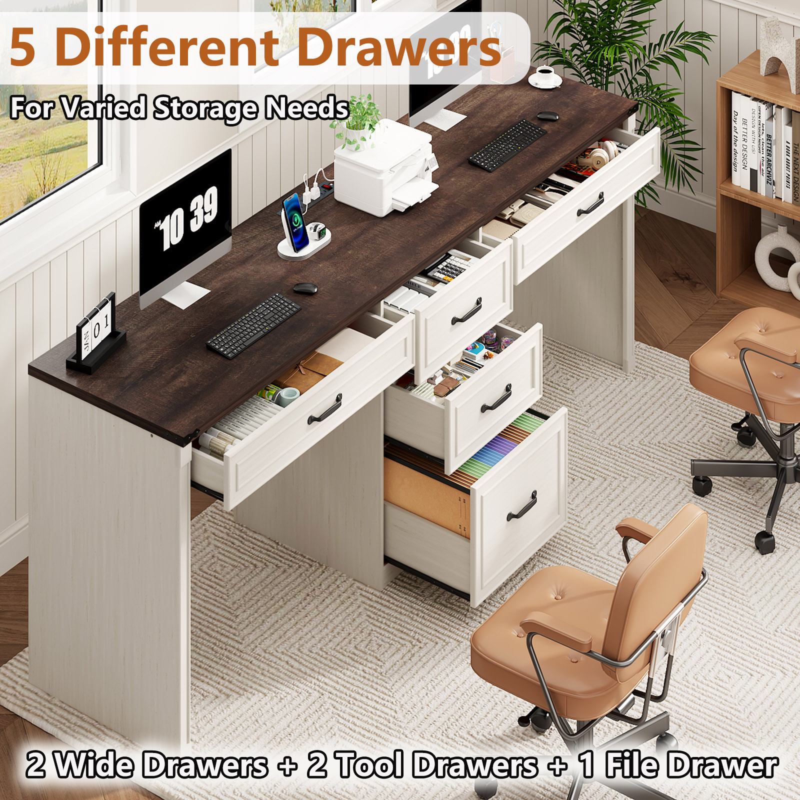 81" 2 Person Desk with 5 Drawers & Outlets