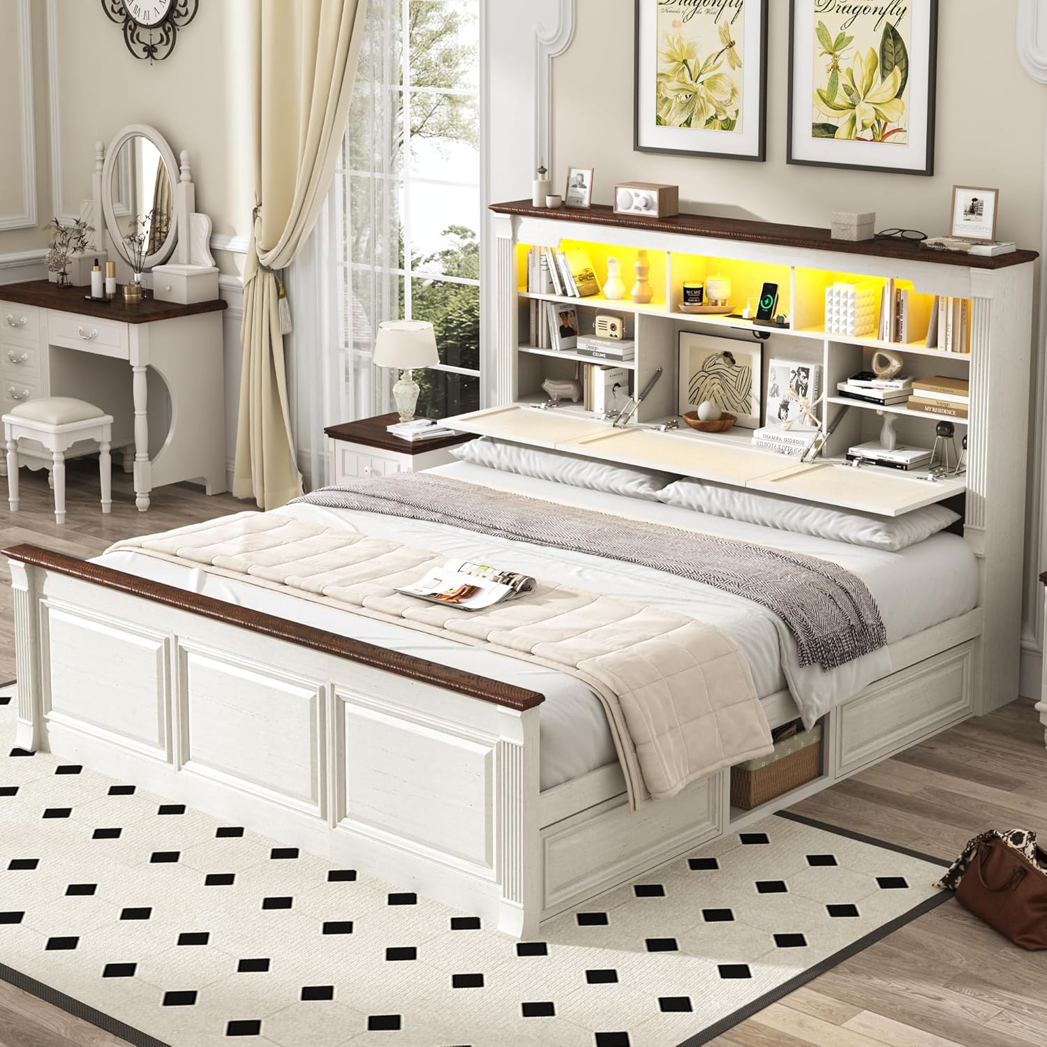 Blotout Farmhouse King Size Bed Frame with 55" Tall Storage Bookcase Headboard & 4 Drawers, Wood Platform Bed Frame with 24" Roman Colum Footboard, LED Light, Charging Station, No Box Spring Needed