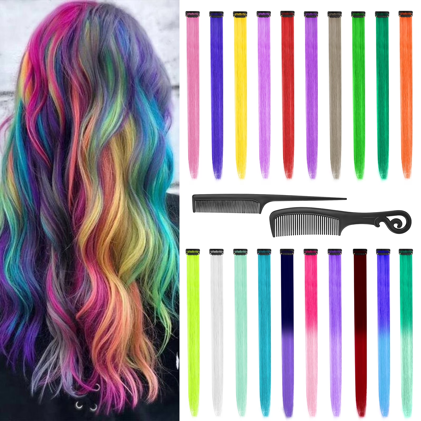 AOWOO 20 Pcs Colored Clip in Hair Extensions, 22 Inch Rainbow Straight Synthetic Hairpieces, Colored Hair Extensions with 2 Comb, Party Straight Highlights Long Hairpieces for Women Kids Girls