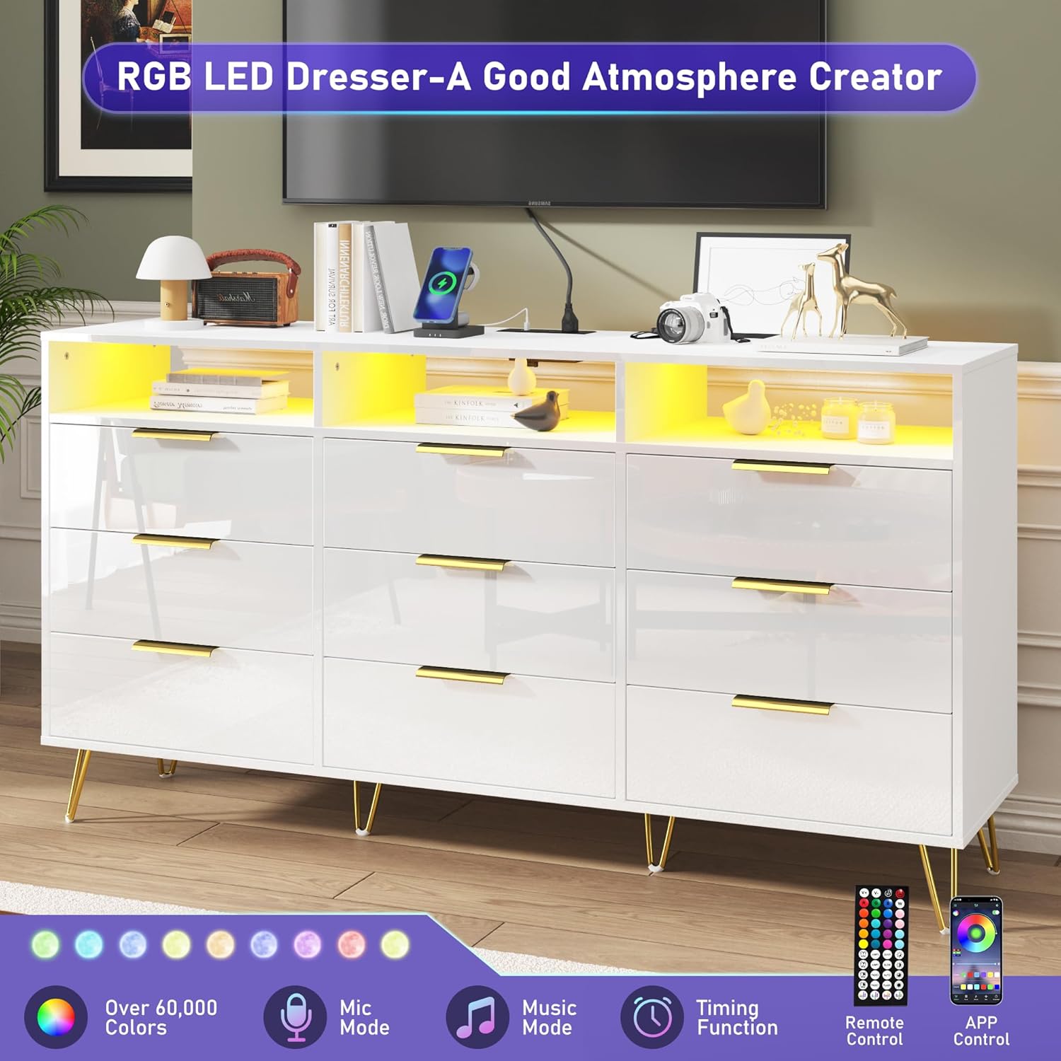 Blotout 9 Drawer Dresser with Charging Station, Modern Long Dressers & Chests of Drawers, Wood Dresser with LED Lights for Bedroom, Living Room, Hallway