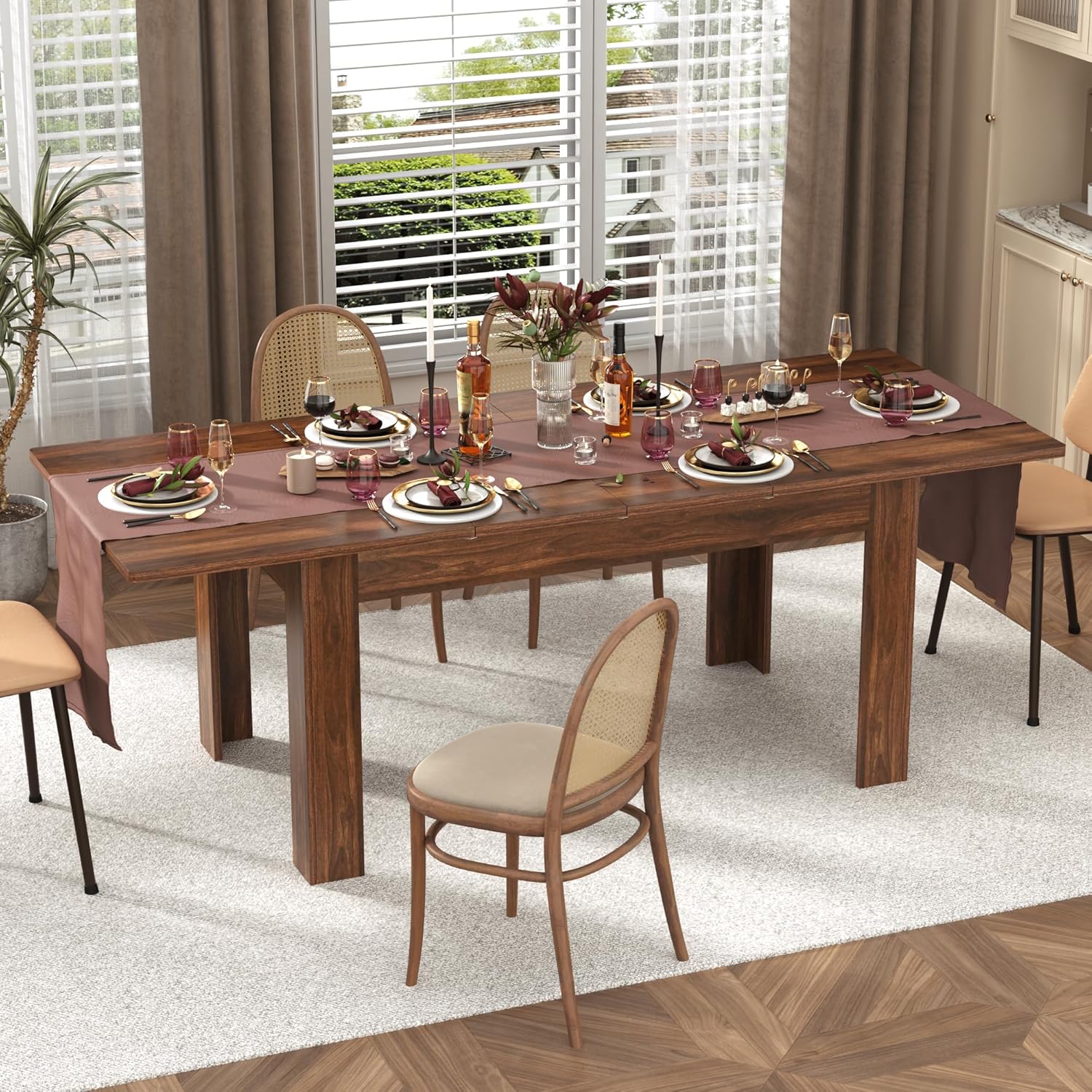 Blotout Extendable Dining Table for 6-10 Person, Large Wood Kitchen Table, Rectangular Extendable Table for Gatherings, Meeting for Small Kitchens, Dining Office Areas