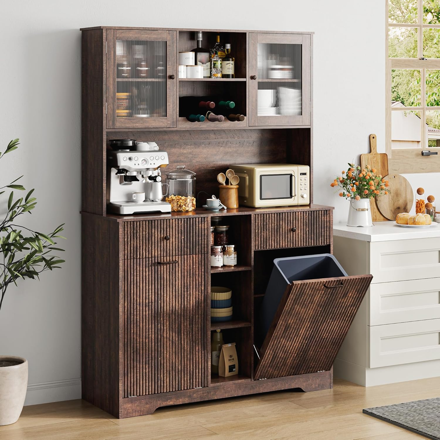 Blotout 47" Wide Kitchen Pantry Storage Cabinet with Charging Station & Microwave Stand, Tall Fluted Kitchen Hutch Cabinet, Double Tilt Out Trash Can Cabinet 10X2 Gallon