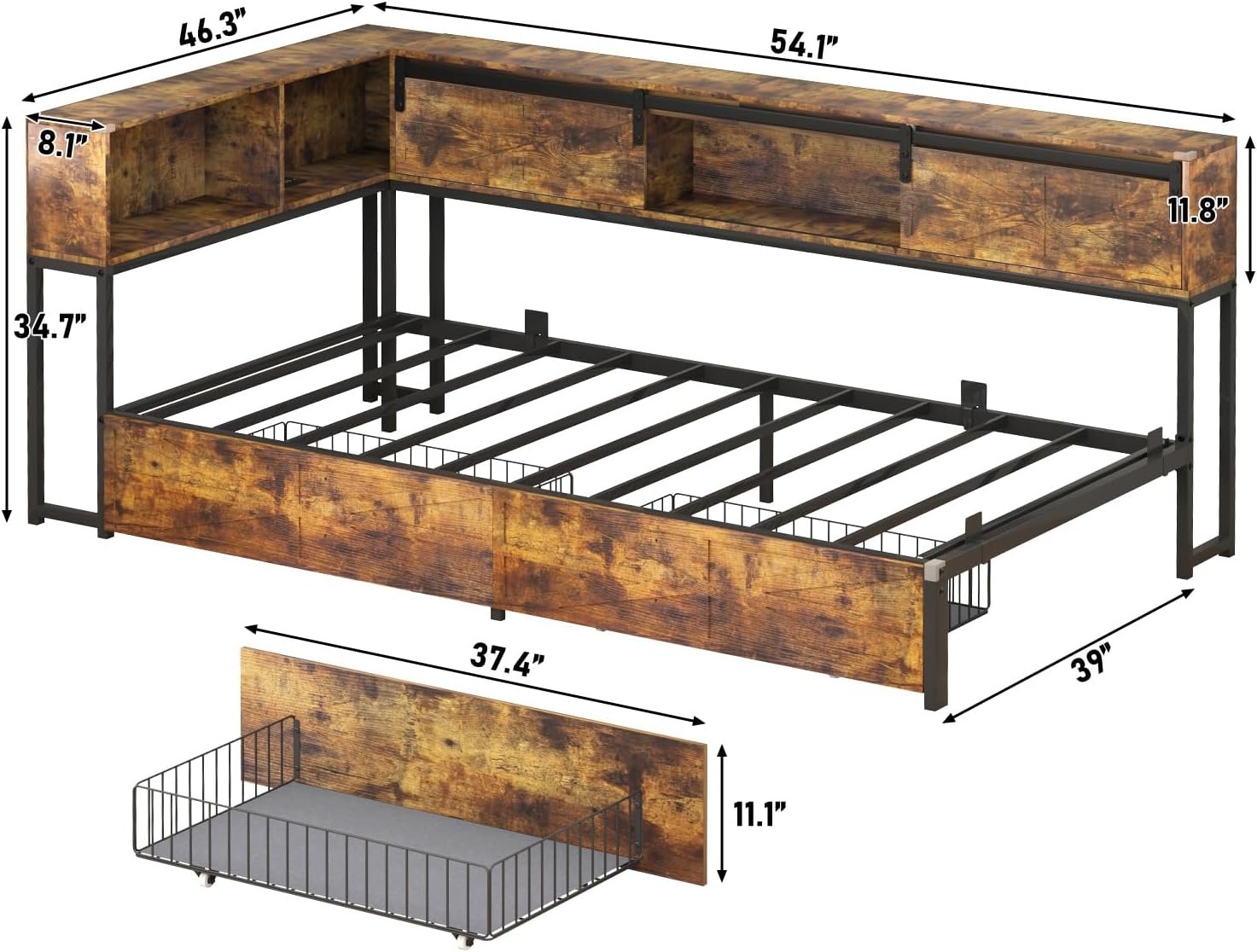 Blotout Twin Corner Bed Frame with Bookcase Headboard and Storage Drawers, Twin Metal Platform Bed Frame with Charging Station and LED Lights, Twin Size Daybed for Living Room, Bedroom and Guest Room