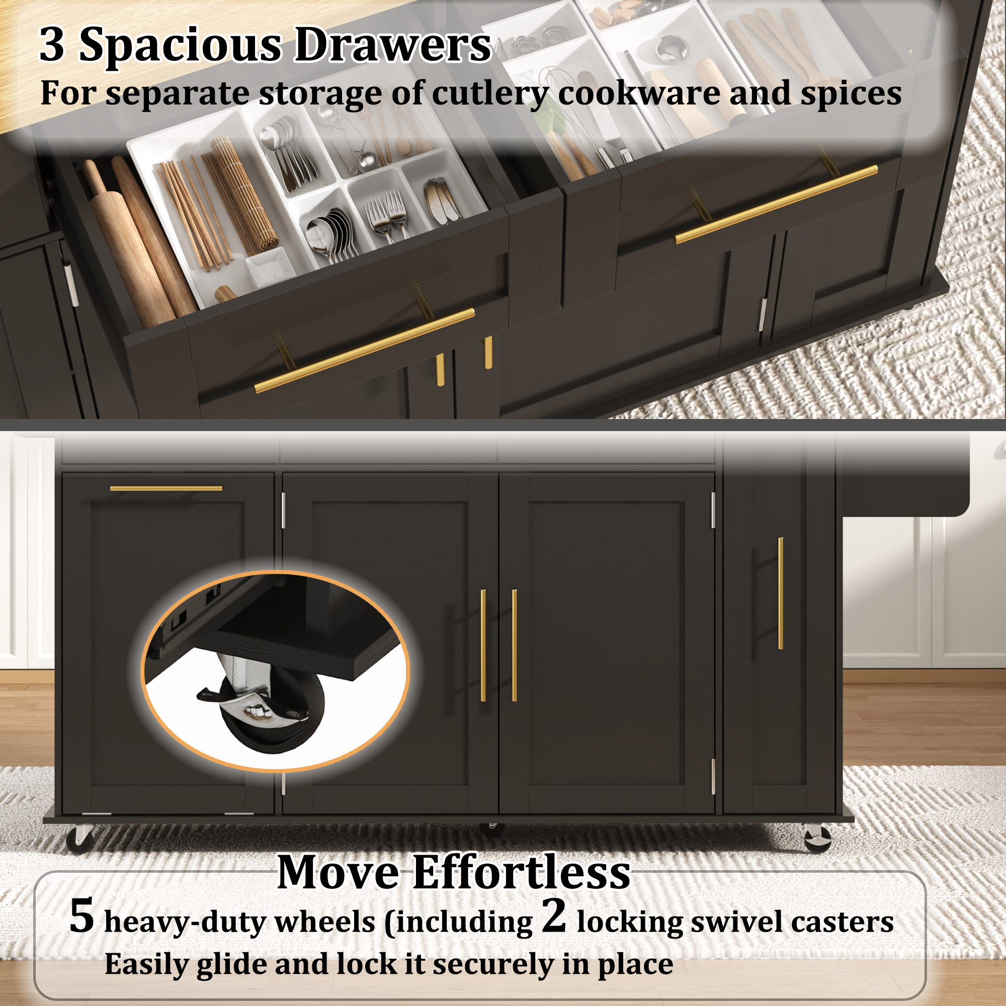 69" Rolling Kitchen Island w/ Drop Leaf & Trash Can Storage