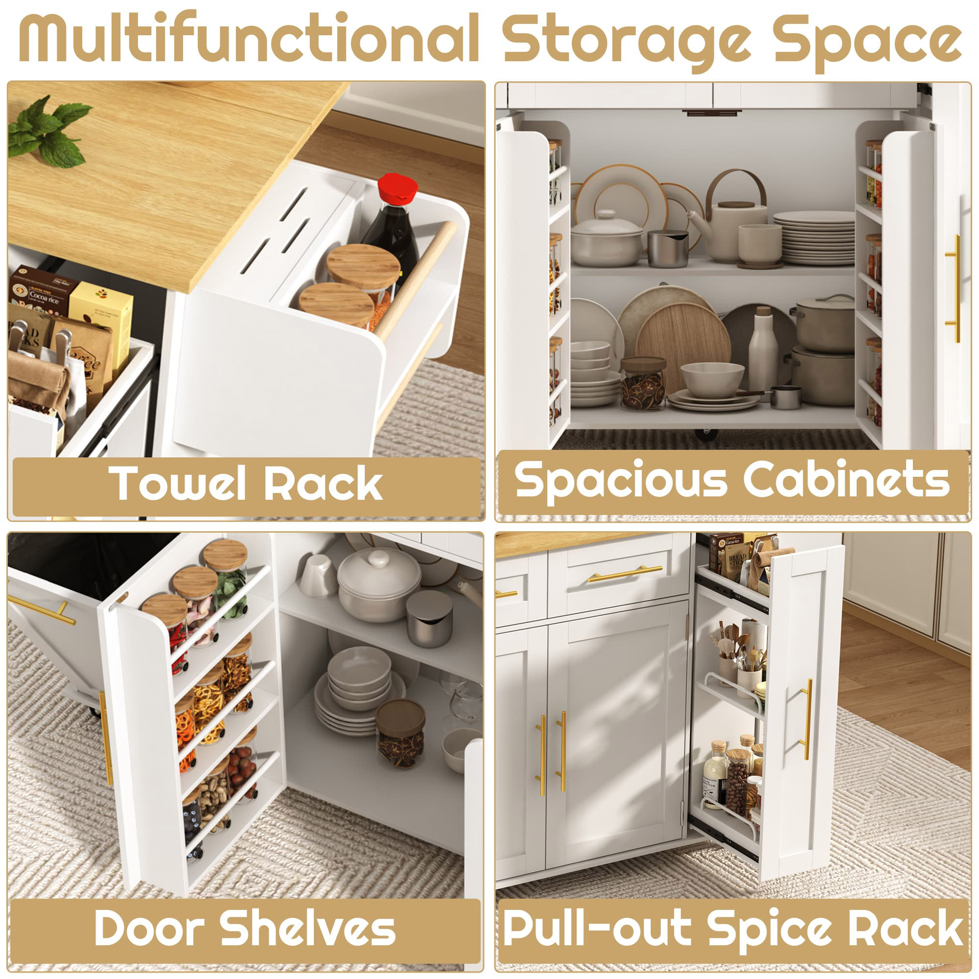 69" Rolling Kitchen Island w/ Drop Leaf & Trash Can Storage