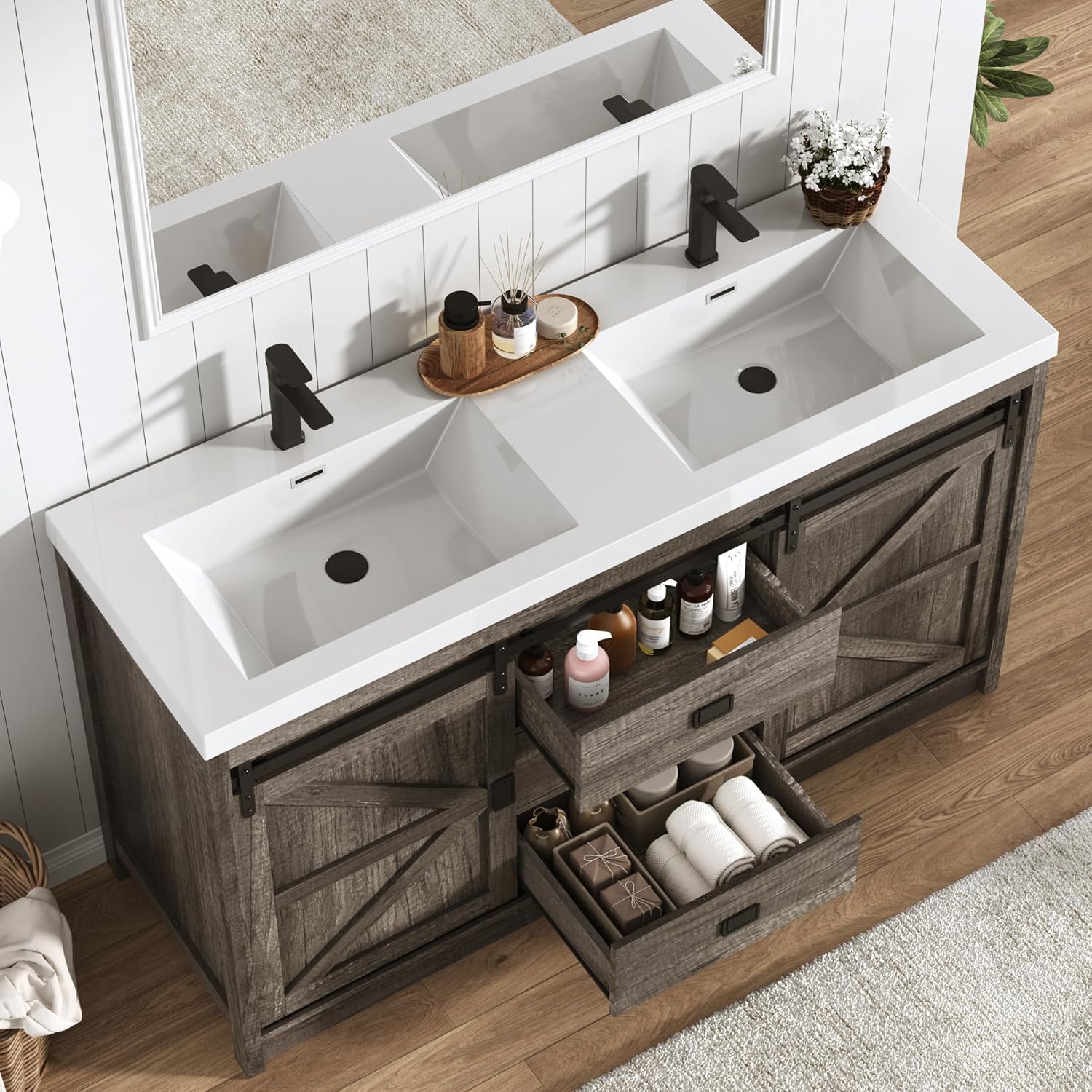 Blotout Double Bathroom Vanity with Sink & Faucet & Sewer Pipes, 59" Farmhouse Bathroom Vanity Cabinet Set with Sliding Barn Door & 3 Drawers, Freestanding Bath Storage Vanity Sink