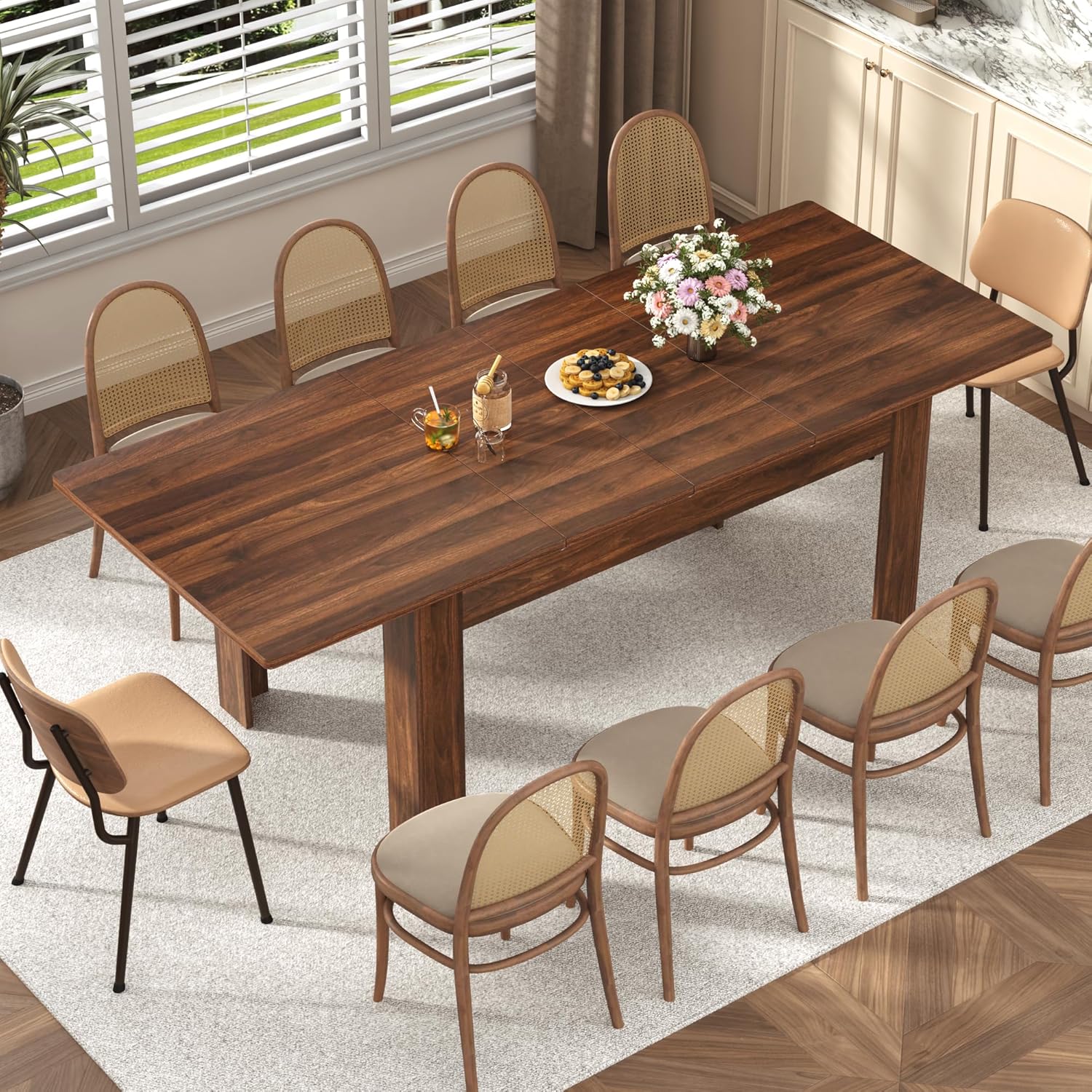 Blotout Extendable Dining Table for 6-10 Person, Large Wood Kitchen Table, Rectangular Extendable Table for Gatherings, Meeting for Small Kitchens, Dining Office Areas