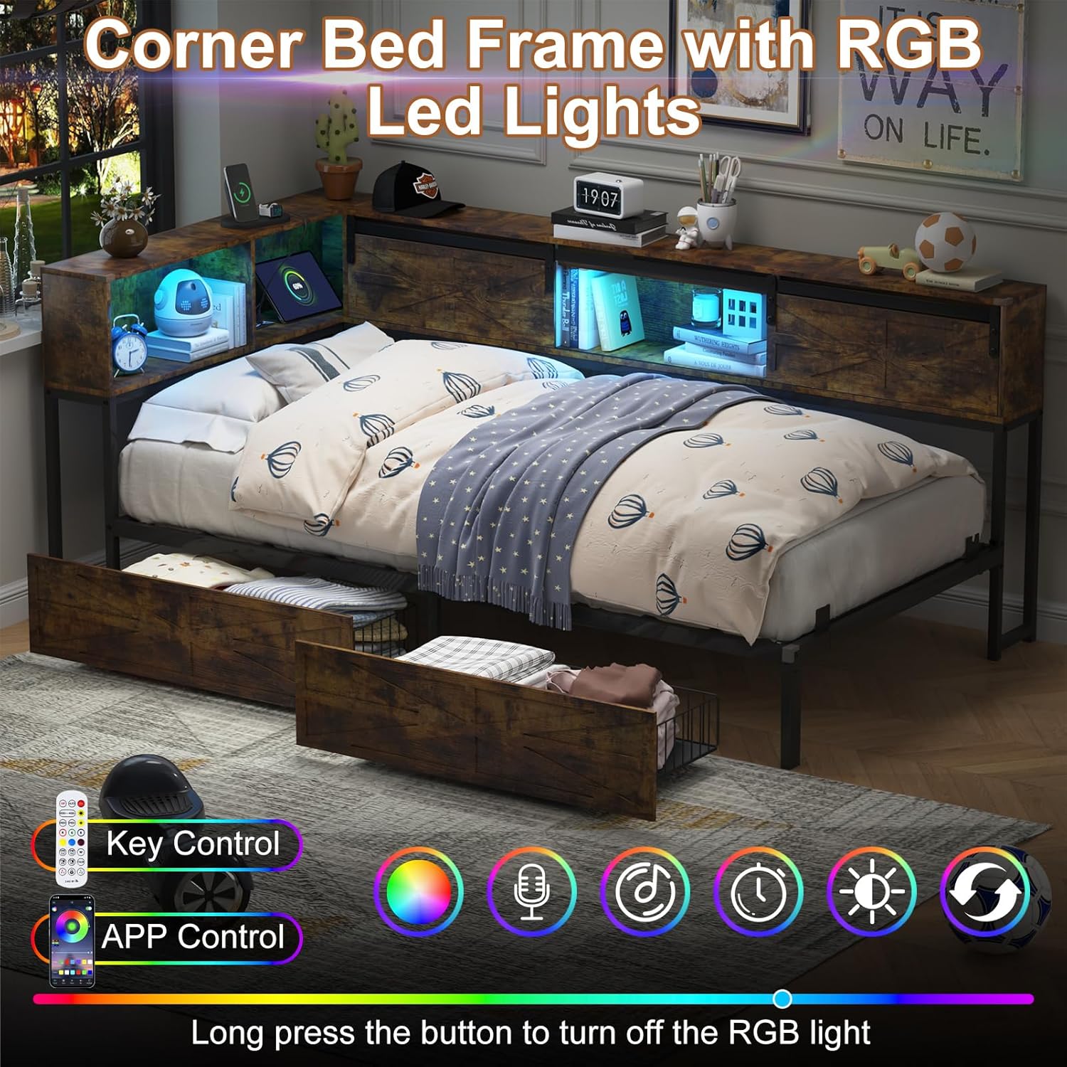 Blotout Twin Corner Bed Frame with Bookcase Headboard and Storage Drawers, Twin Metal Platform Bed Frame with Charging Station and LED Lights, Twin Size Daybed for Living Room, Bedroom and Guest Room