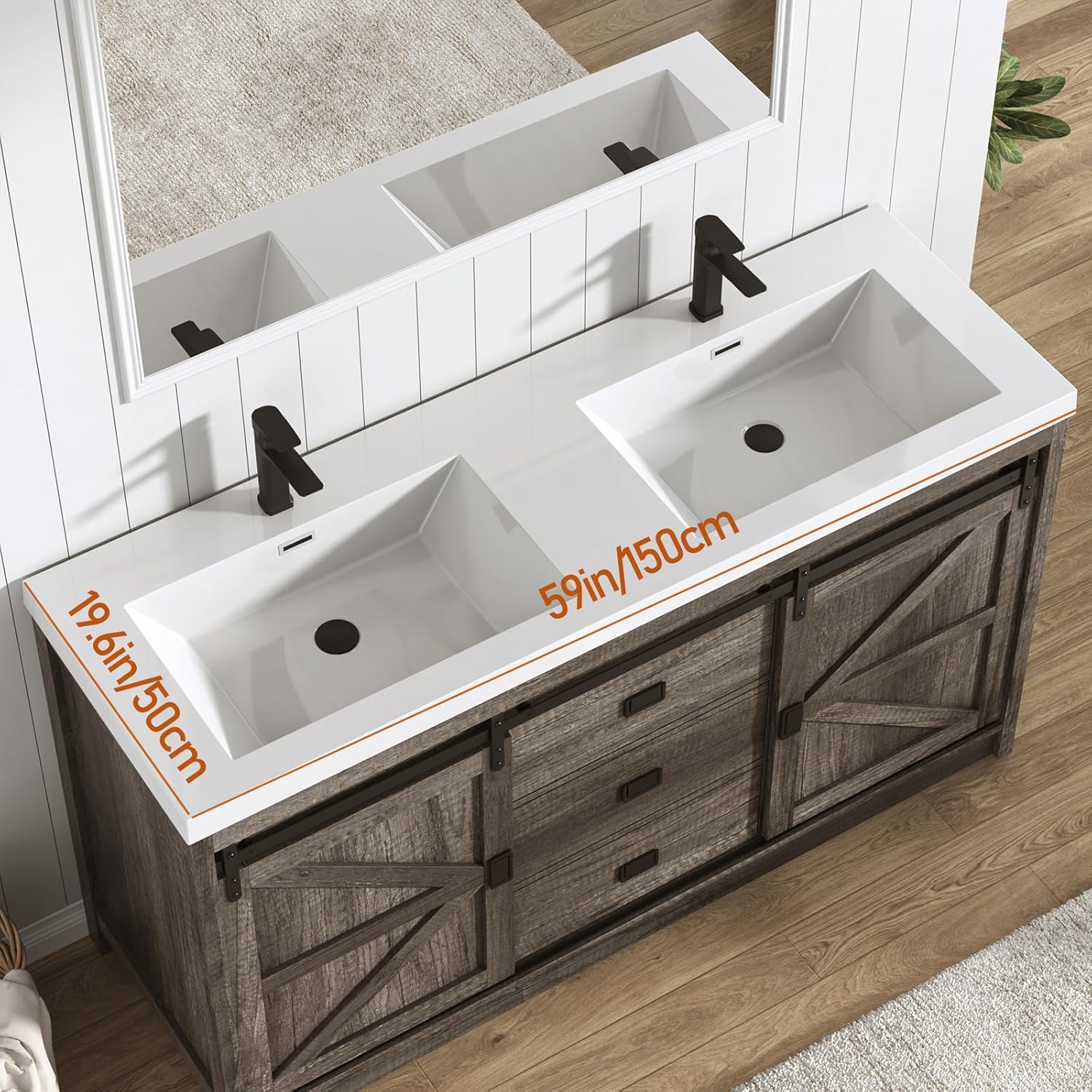 Blotout Double Bathroom Vanity with Sink & Faucet & Sewer Pipes, 59" Farmhouse Bathroom Vanity Cabinet Set with Sliding Barn Door & 3 Drawers, Freestanding Bath Storage Vanity Sink