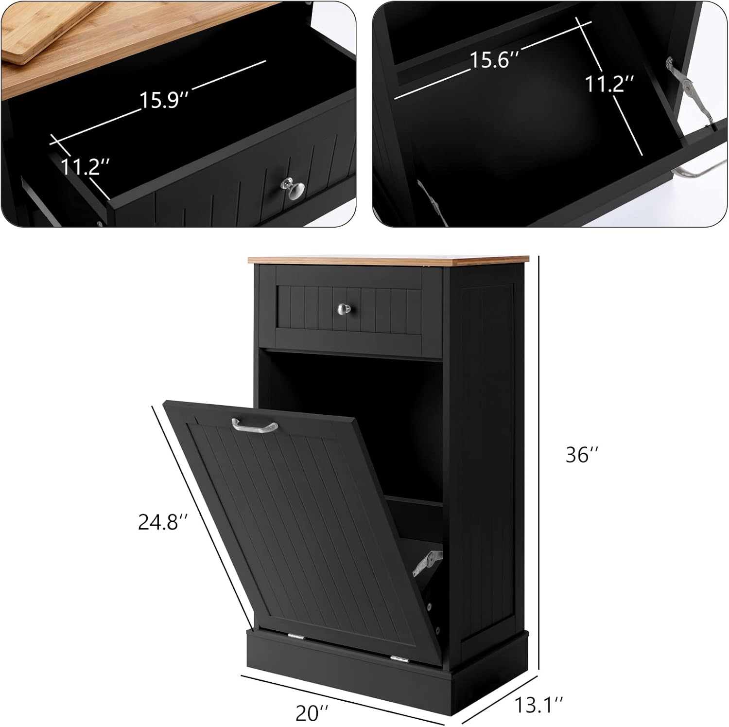 Hlivelood Double Trash Cabinet Tilt Out 20 Gallon, Pet Proof Kitchen Trash Cabinet Laundry Hamper with Cutting Board, Wood Garbage Recycling Station Hideaway Trash Holder Drawers