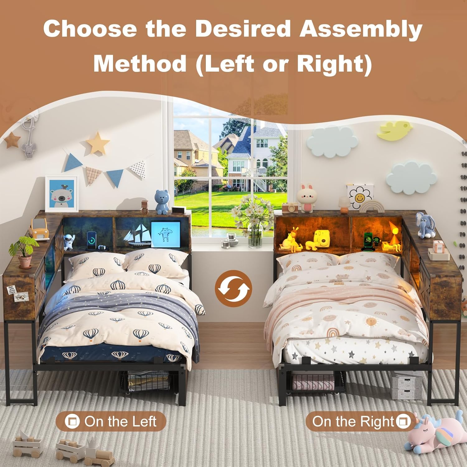 Blotout Twin Corner Bed Frame with Bookcase Headboard and Storage Drawers, Twin Metal Platform Bed Frame with Charging Station and LED Lights, Twin Size Daybed for Living Room, Bedroom and Guest Room