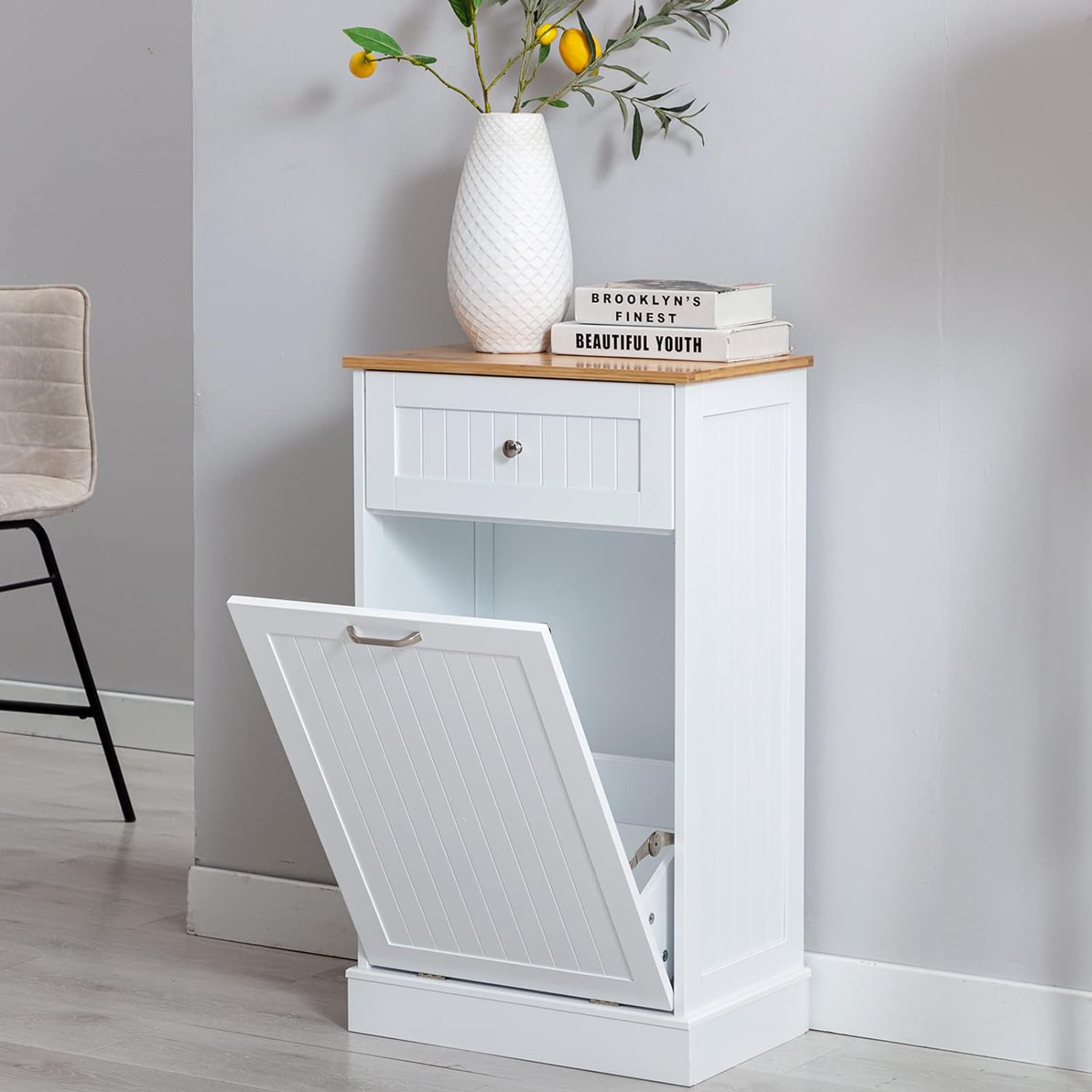 Hlivelood Double Trash Cabinet Tilt Out 20 Gallon, Pet Proof Kitchen Trash Cabinet Laundry Hamper with Cutting Board, Wood Garbage Recycling Station Hideaway Trash Holder Drawers