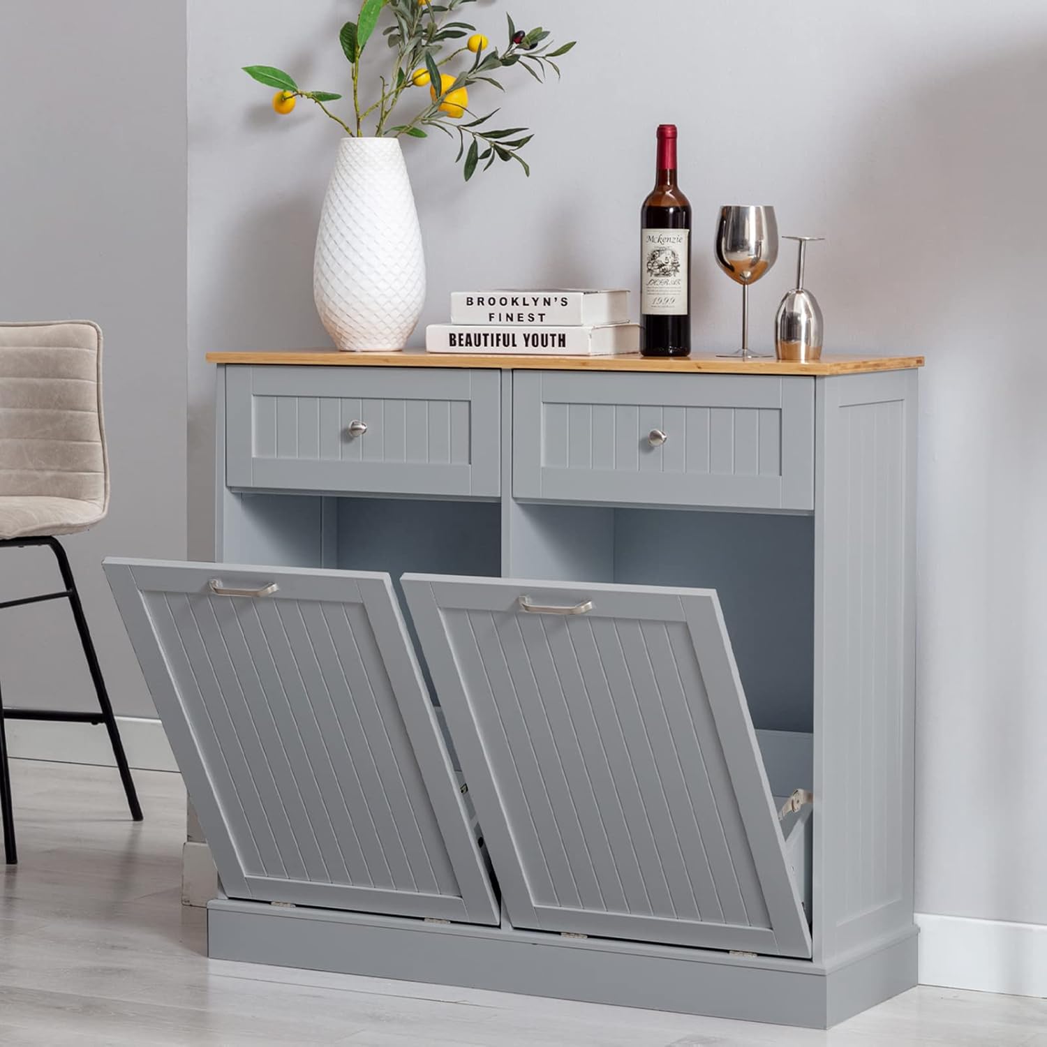 Hlivelood Double Trash Cabinet Tilt Out 20 Gallon, Pet Proof Kitchen Trash Cabinet Laundry Hamper with Cutting Board, Wood Garbage Recycling Station Hideaway Trash Holder Drawers