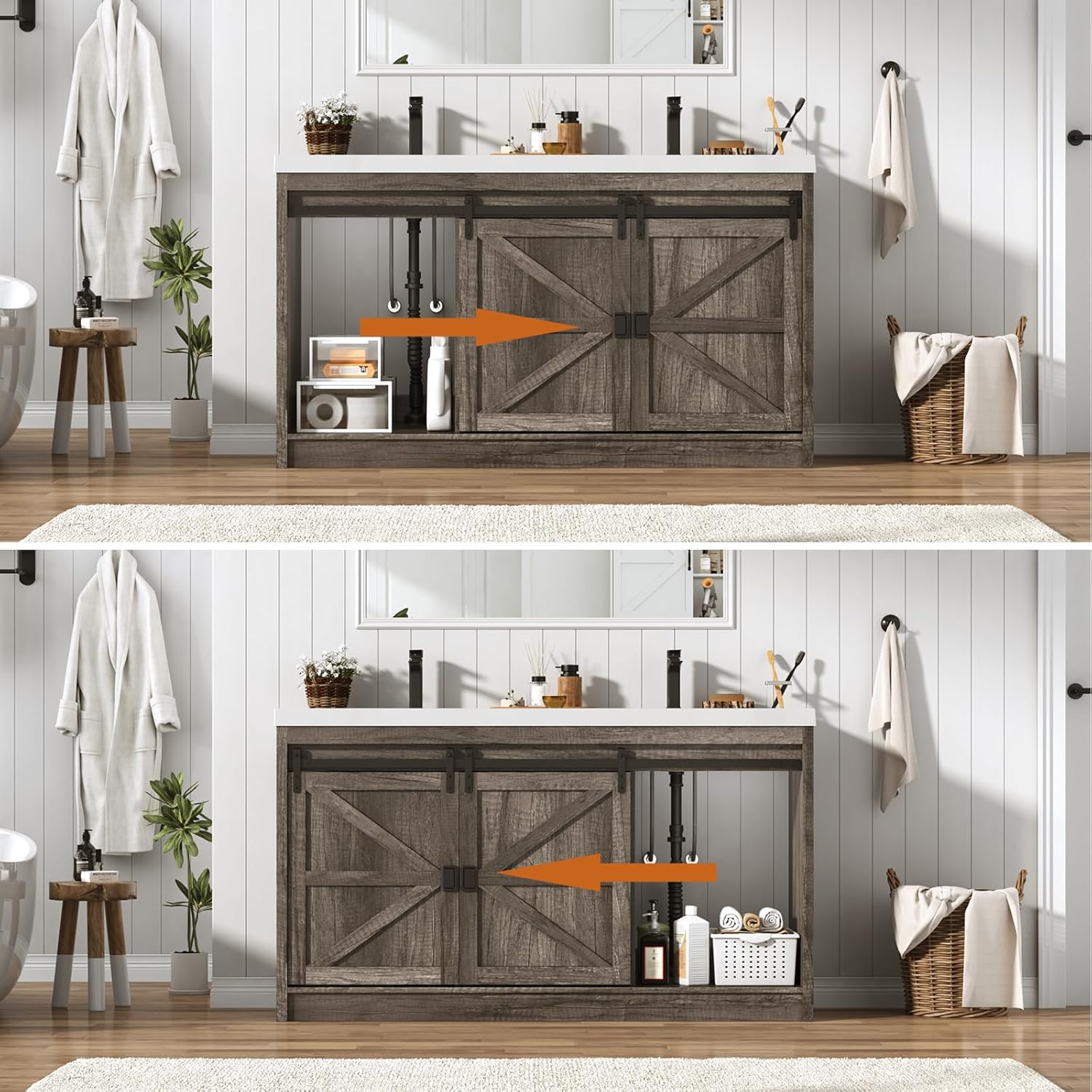 Blotout Double Bathroom Vanity with Sink & Faucet & Sewer Pipes, 59" Farmhouse Bathroom Vanity Cabinet Set with Sliding Barn Door & 3 Drawers, Freestanding Bath Storage Vanity Sink