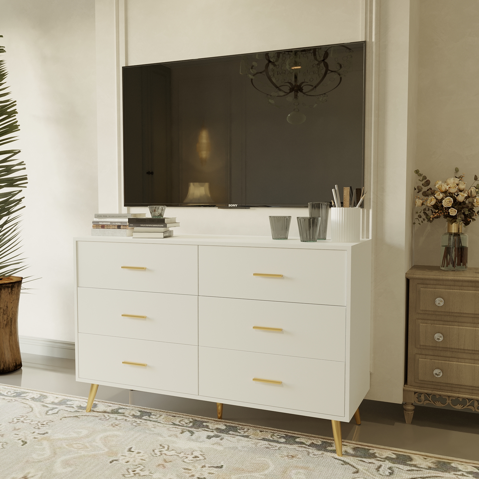 6 Drawer Dresser, Mid-Century Modern Chest Of Drawers, Double Dresser Storage Cabinet For Bedroom Living Room Hallway