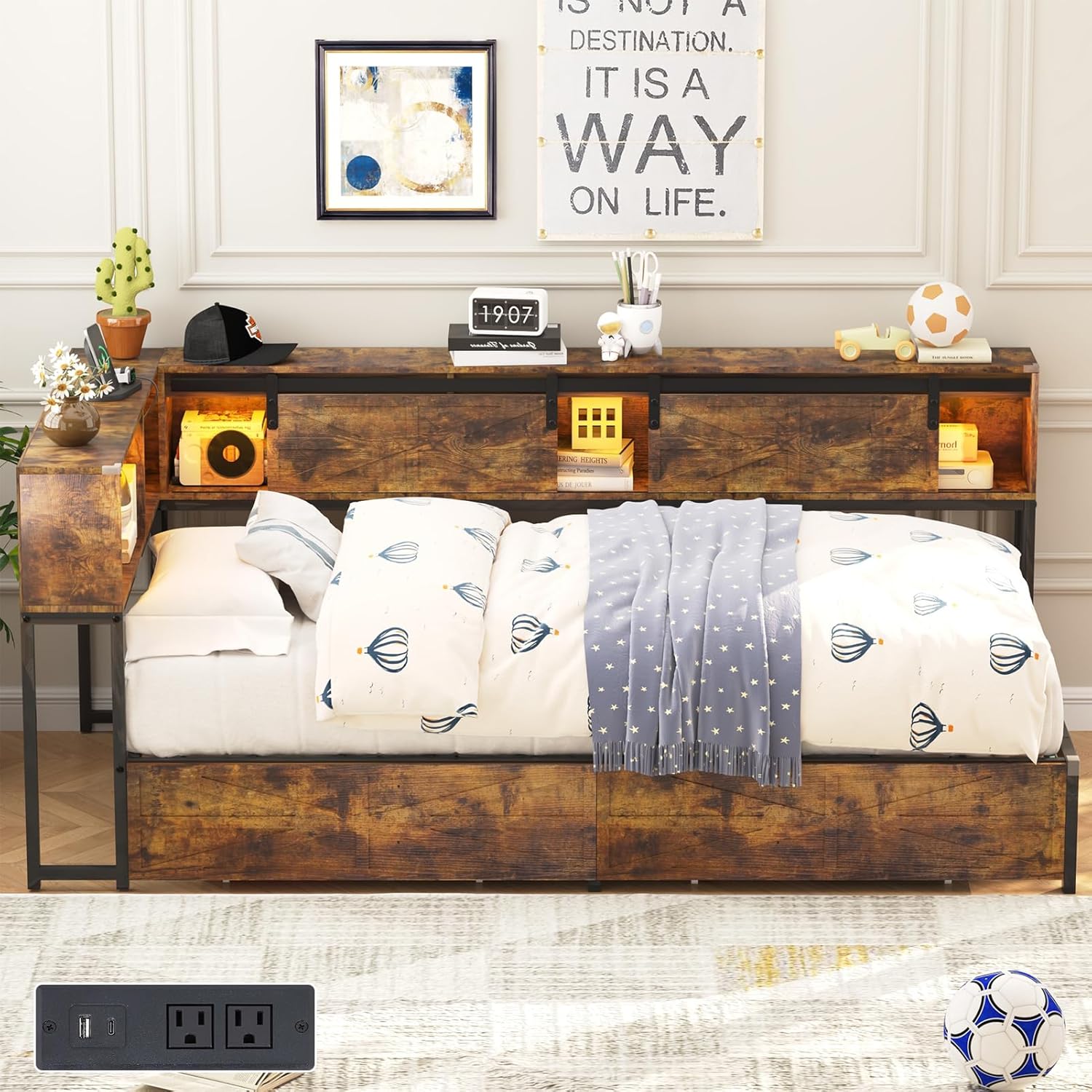 Blotout Twin Corner Bed Frame with Bookcase Headboard and Storage Drawers, Twin Metal Platform Bed Frame with Charging Station and LED Lights, Twin Size Daybed for Living Room, Bedroom and Guest Room