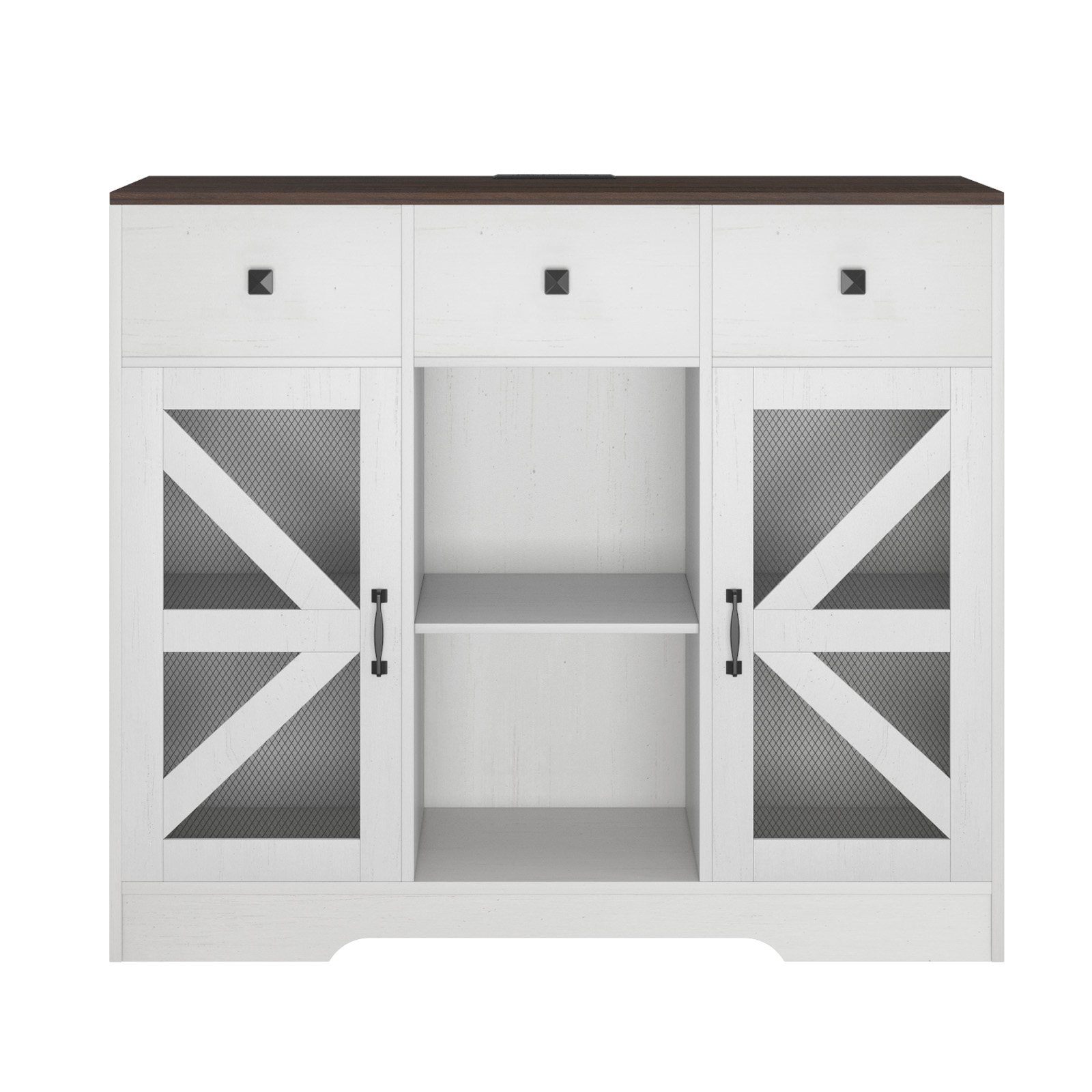 Modern Farmhouse 3 Drawer Coffee Bar Cabinet with Power Outlet, Wood Sideboard Buffet Bar Cabinet with 2-Door Cabinet and Adjustble Shelves, White 42-inch