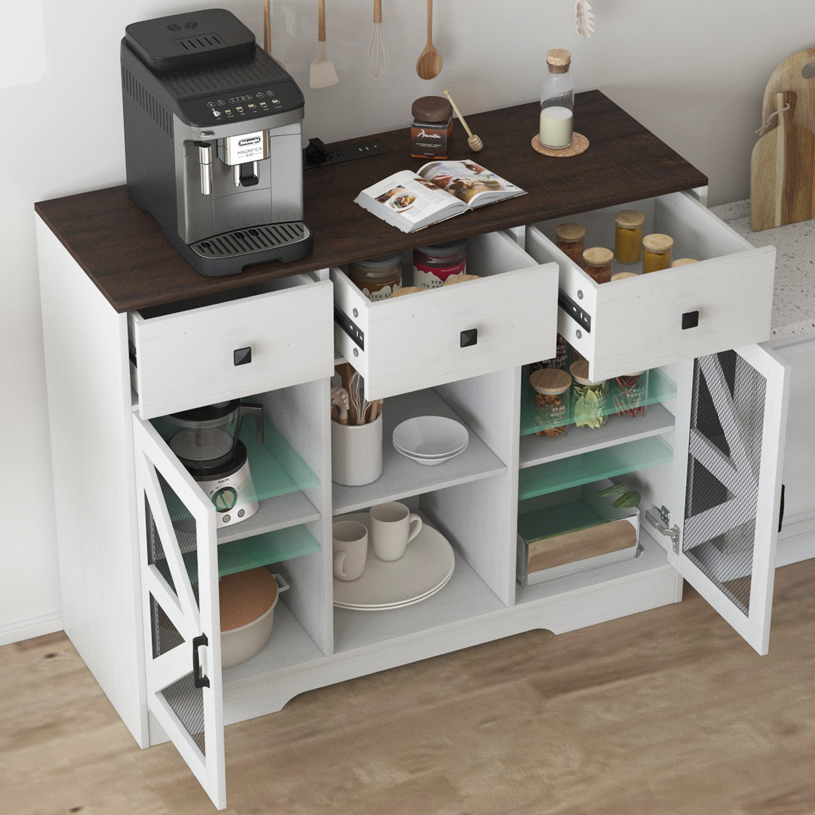 Modern Farmhouse 3 Drawer Coffee Bar Cabinet with Power Outlet, Wood Sideboard Buffet Bar Cabinet with 2-Door Cabinet and Adjustble Shelves, White 42-inch