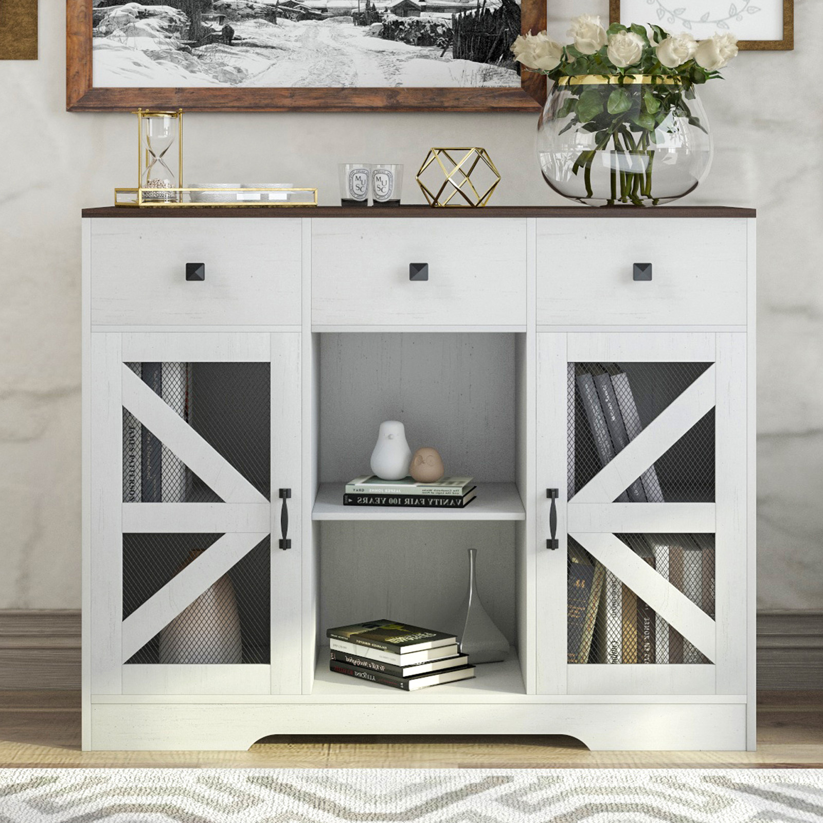 Modern Farmhouse 3 Drawer Coffee Bar Cabinet with Power Outlet, Wood Sideboard Buffet Bar Cabinet with 2-Door Cabinet and Adjustble Shelves, White 42-inch