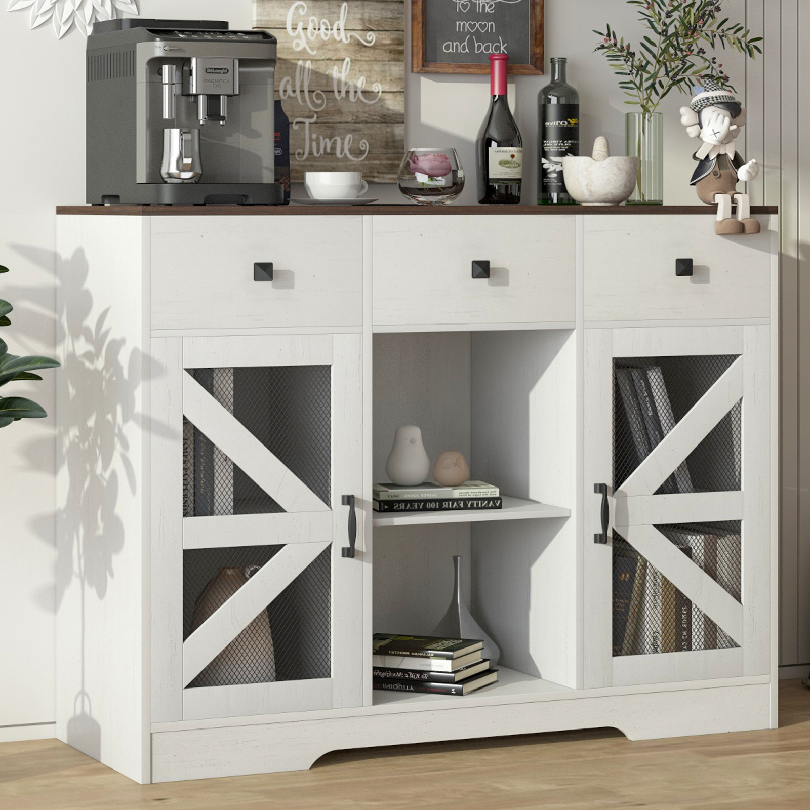 Modern Farmhouse 3 Drawer Coffee Bar Cabinet with Power Outlet, Wood Sideboard Buffet Bar Cabinet with 2-Door Cabinet and Adjustble Shelves, White 42-inch