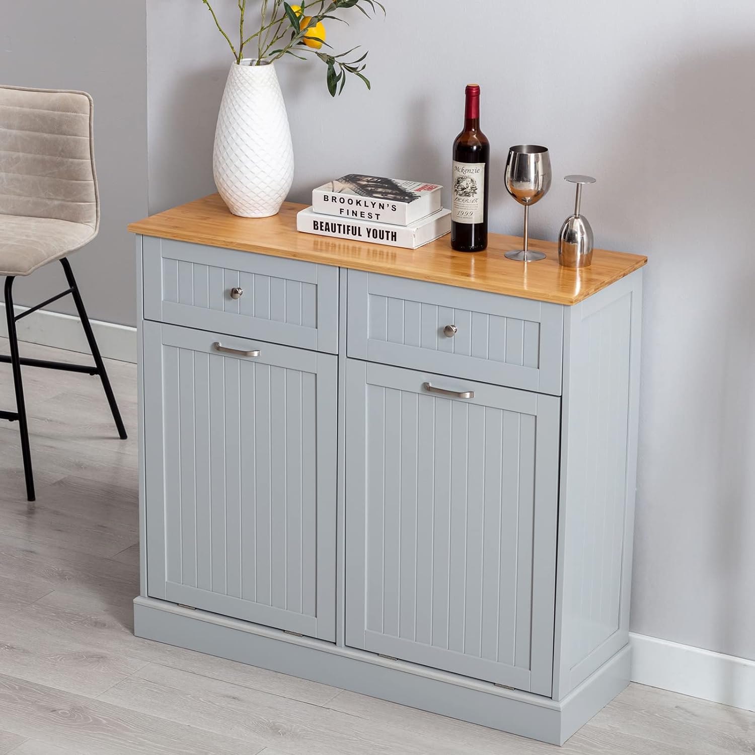 Hlivelood Double Trash Cabinet Tilt Out 20 Gallon, Pet Proof Kitchen Trash Cabinet Laundry Hamper with Cutting Board, Wood Garbage Recycling Station Hideaway Trash Holder Drawers