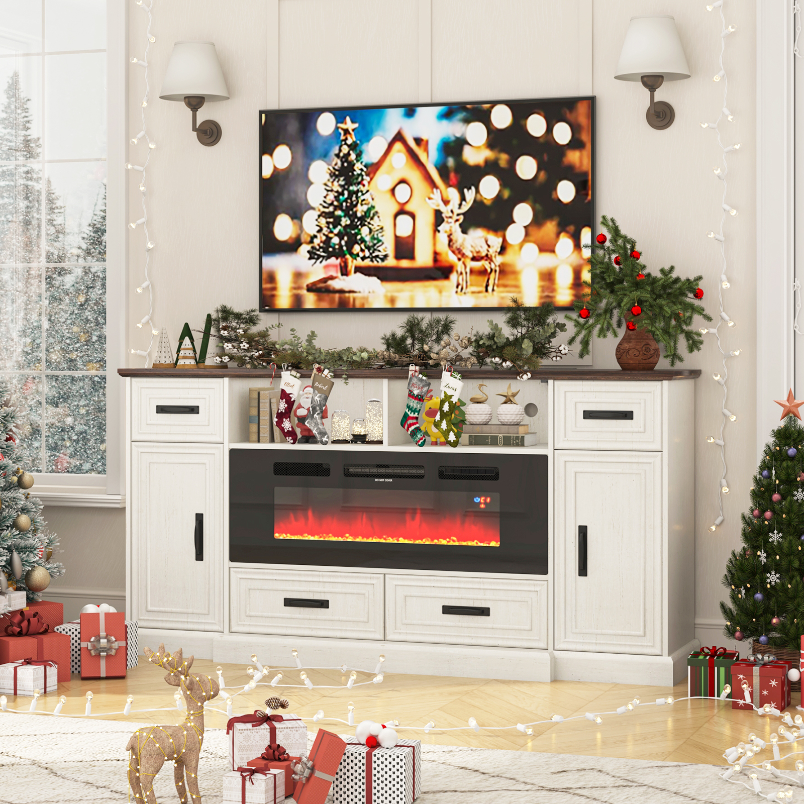 Blotout 70" LED Lights Electric Fireplace TV Stand for TVs up to 80", 36" Tall Farmhouse Entertainment Center with 40" Fireplace, Power Outlets and 4 Drawers (White)