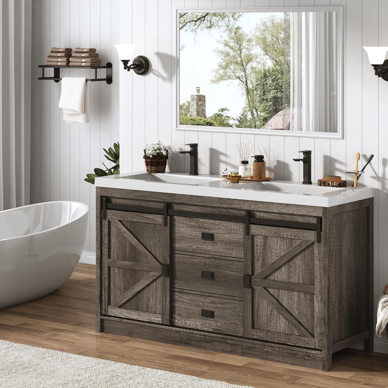 Blotout Double Bathroom Vanity with Sink & Faucet & Sewer Pipes, 59" Farmhouse Bathroom Vanity Cabinet Set with Sliding Barn Door & 3 Drawers, Freestanding Bath Storage Vanity Sink