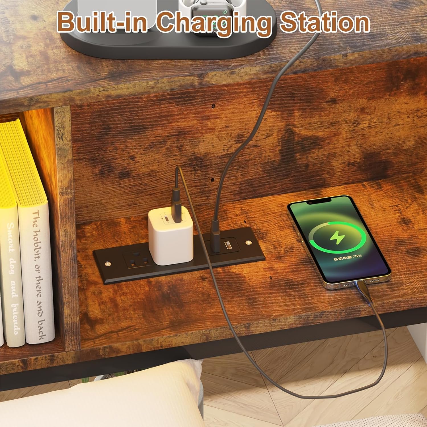 Blotout Twin Corner Bed Frame with Bookcase Headboard and Storage Drawers, Twin Metal Platform Bed Frame with Charging Station and LED Lights, Twin Size Daybed for Living Room, Bedroom and Guest Room