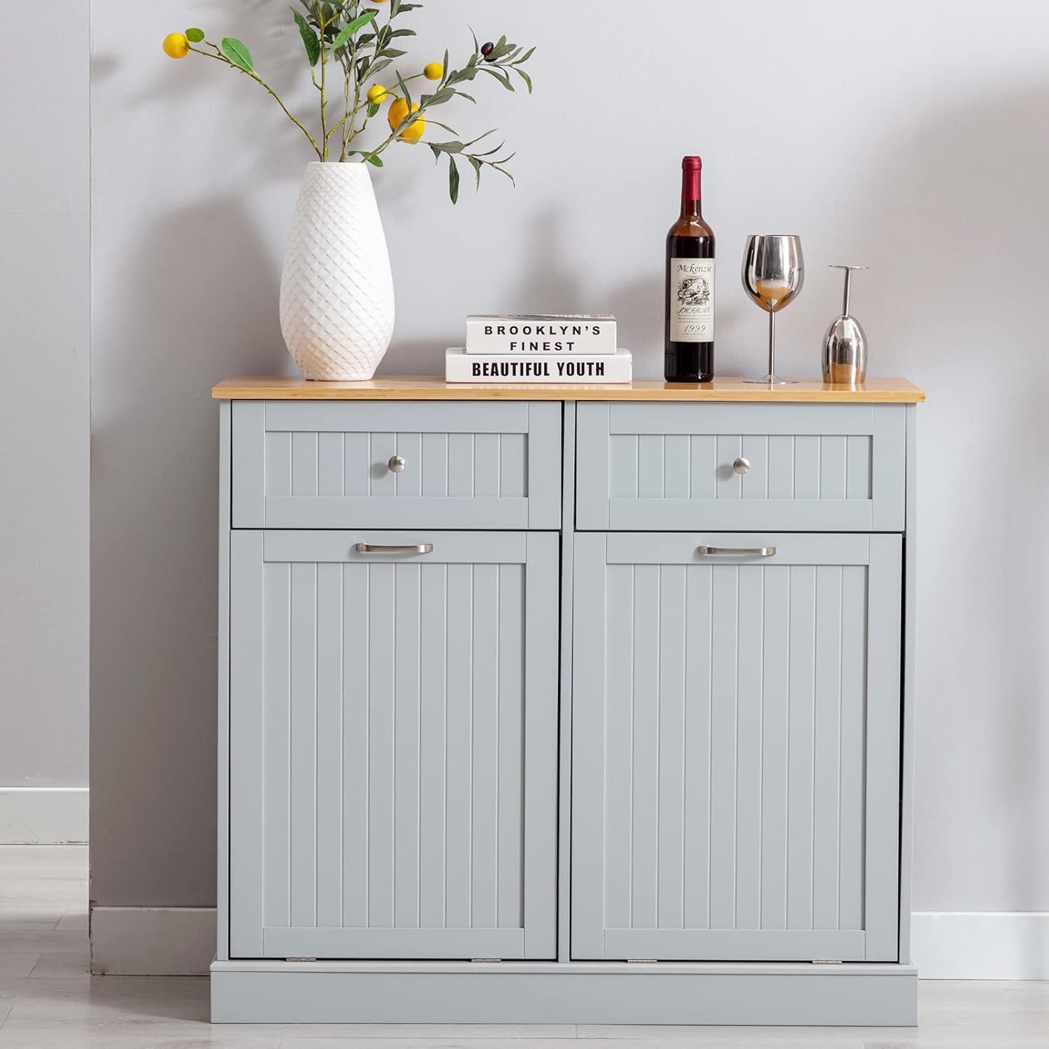 Hlivelood Double Trash Cabinet Tilt Out 20 Gallon, Pet Proof Kitchen Trash Cabinet Laundry Hamper with Cutting Board, Wood Garbage Recycling Station Hideaway Trash Holder Drawers