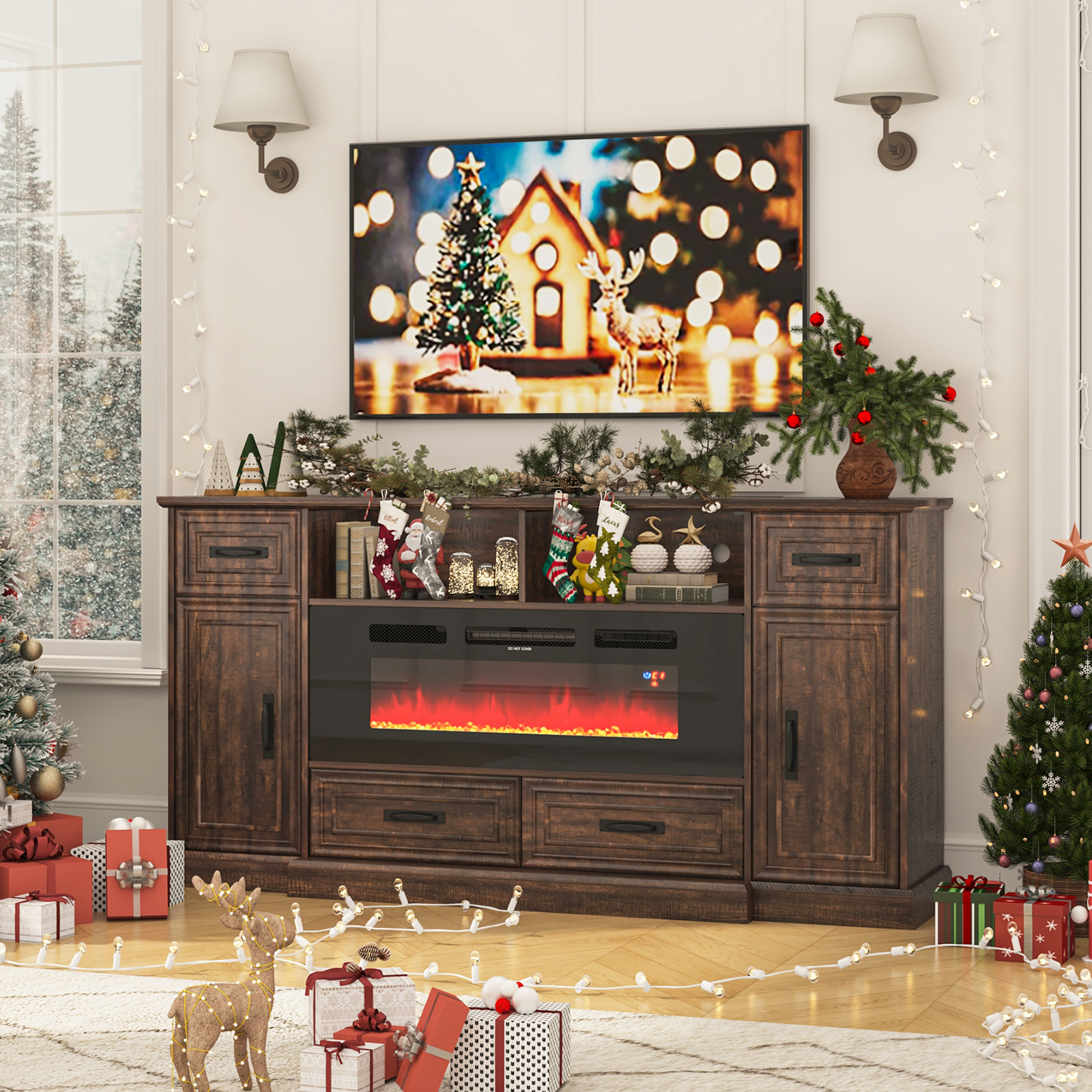 Blotout 70" LED Lights Electric Fireplace TV Stand for TVs up to 80", 36" Tall Farmhouse Entertainment Center with 40" Fireplace, Power Outlets and 4 Drawers (Brown)