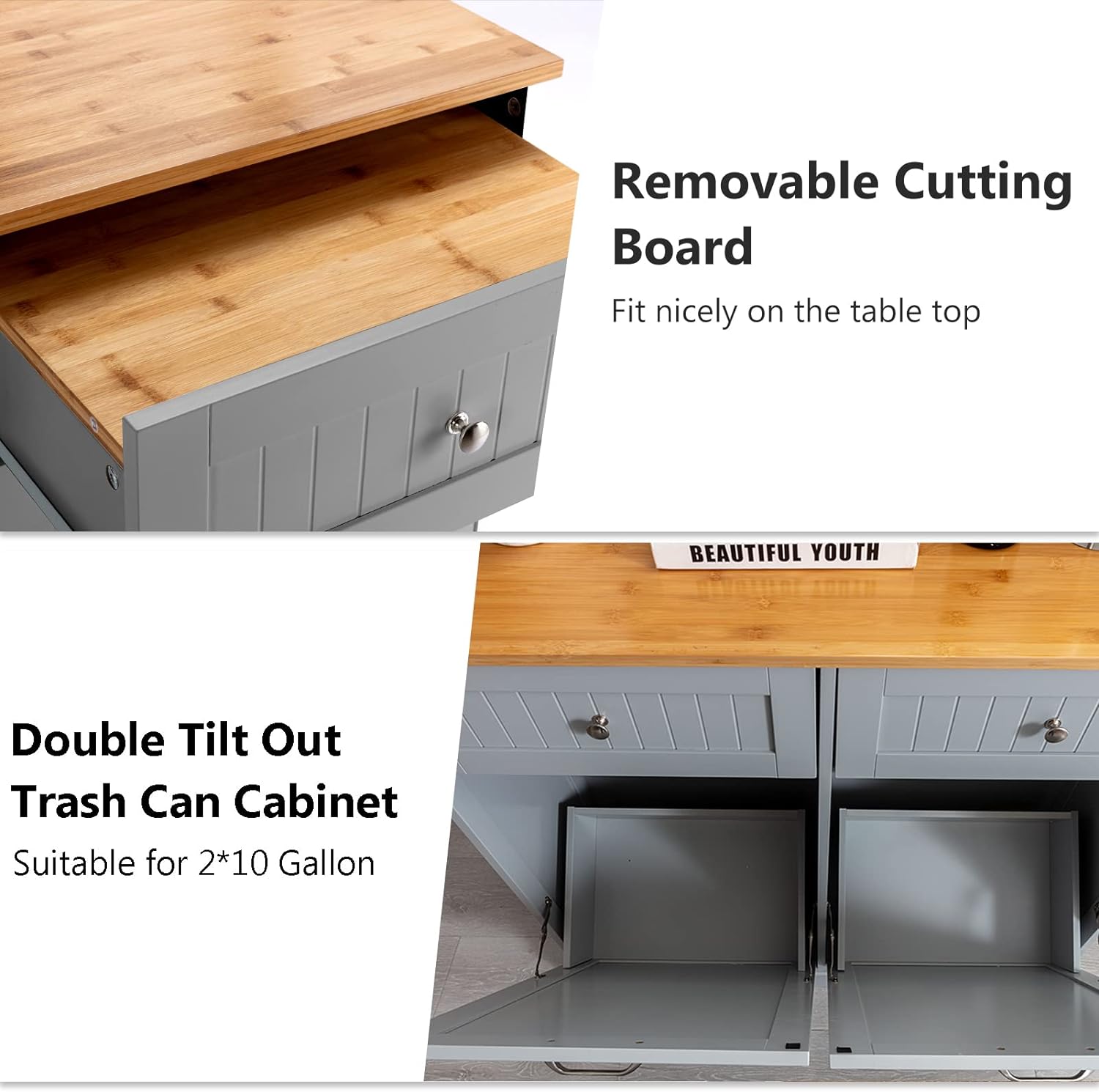 Hlivelood Double Trash Cabinet Tilt Out 20 Gallon, Pet Proof Kitchen Trash Cabinet Laundry Hamper with Cutting Board, Wood Garbage Recycling Station Hideaway Trash Holder Drawers