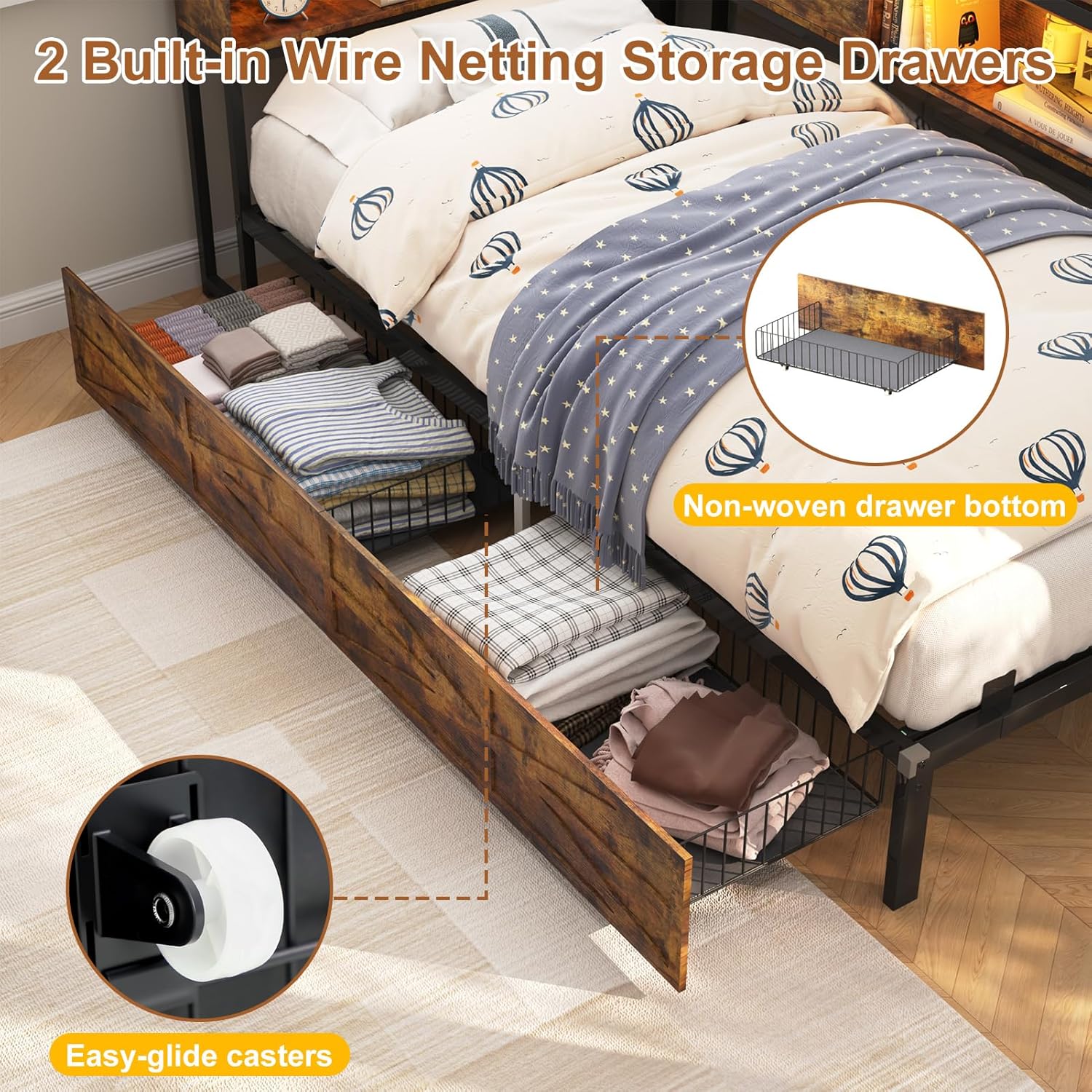 Blotout Twin Corner Bed Frame with Bookcase Headboard and Storage Drawers, Twin Metal Platform Bed Frame with Charging Station and LED Lights, Twin Size Daybed for Living Room, Bedroom and Guest Room