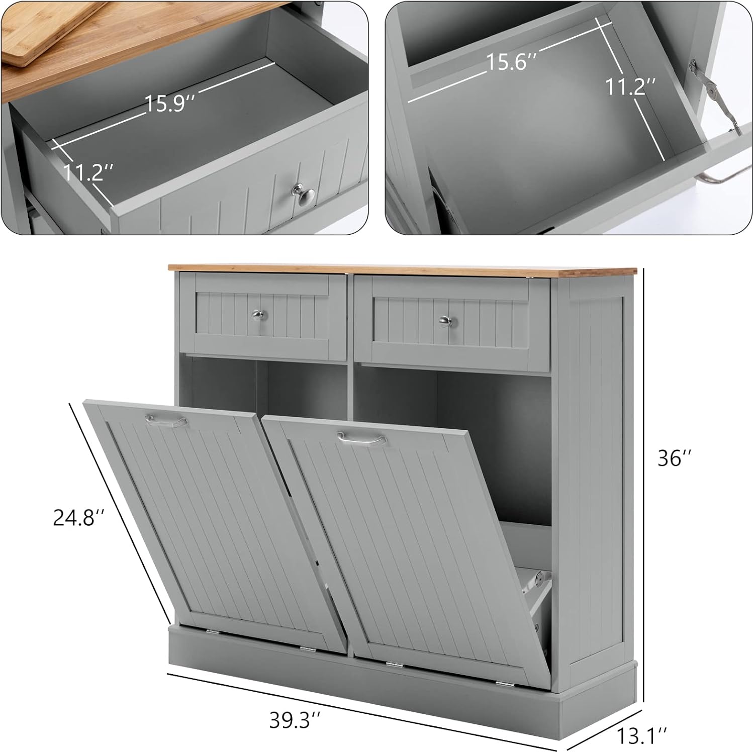 Hlivelood Double Trash Cabinet Tilt Out 20 Gallon, Pet Proof Kitchen Trash Cabinet Laundry Hamper with Cutting Board, Wood Garbage Recycling Station Hideaway Trash Holder Drawers
