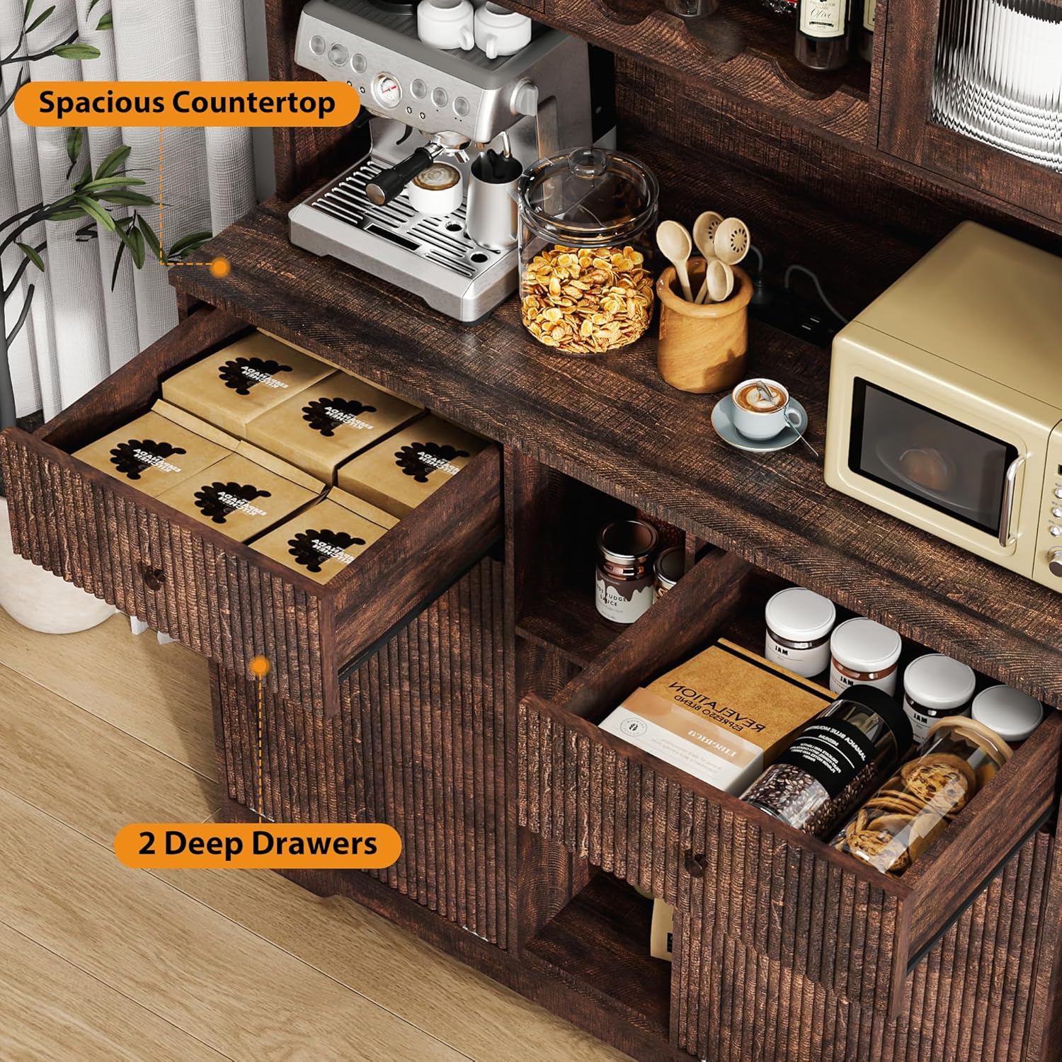 Blotout 47" Wide Kitchen Pantry Storage Cabinet with Charging Station & Microwave Stand, Tall Fluted Kitchen Hutch Cabinet, Double Tilt Out Trash Can Cabinet 10X2 Gallon