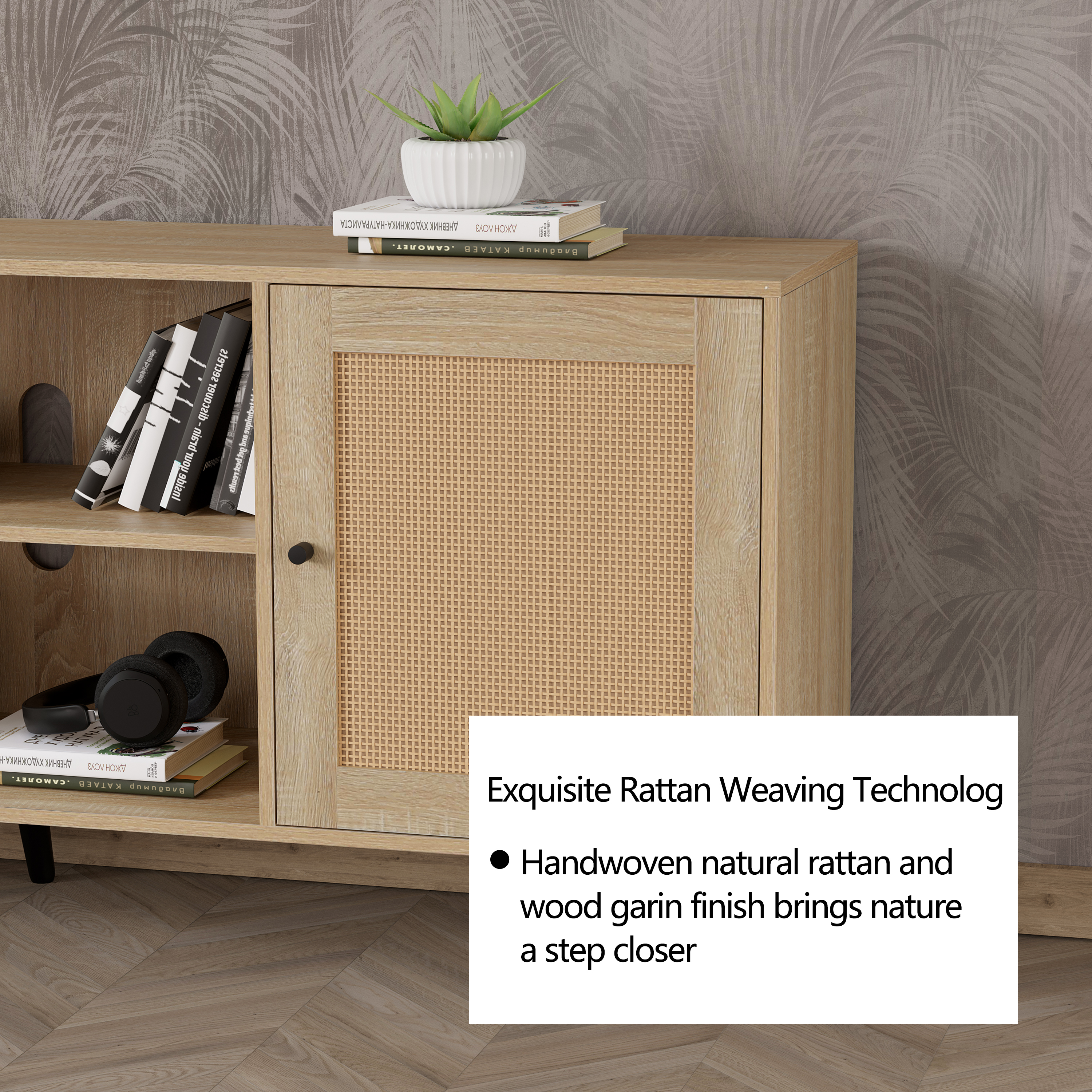 Blotout 68IN Rattan TV Stand for 75/65 Inch TV, Mid Century Entertainment Center with Natural Rattan Door, Large Boho Media TV Console, Television Stand for Living Room