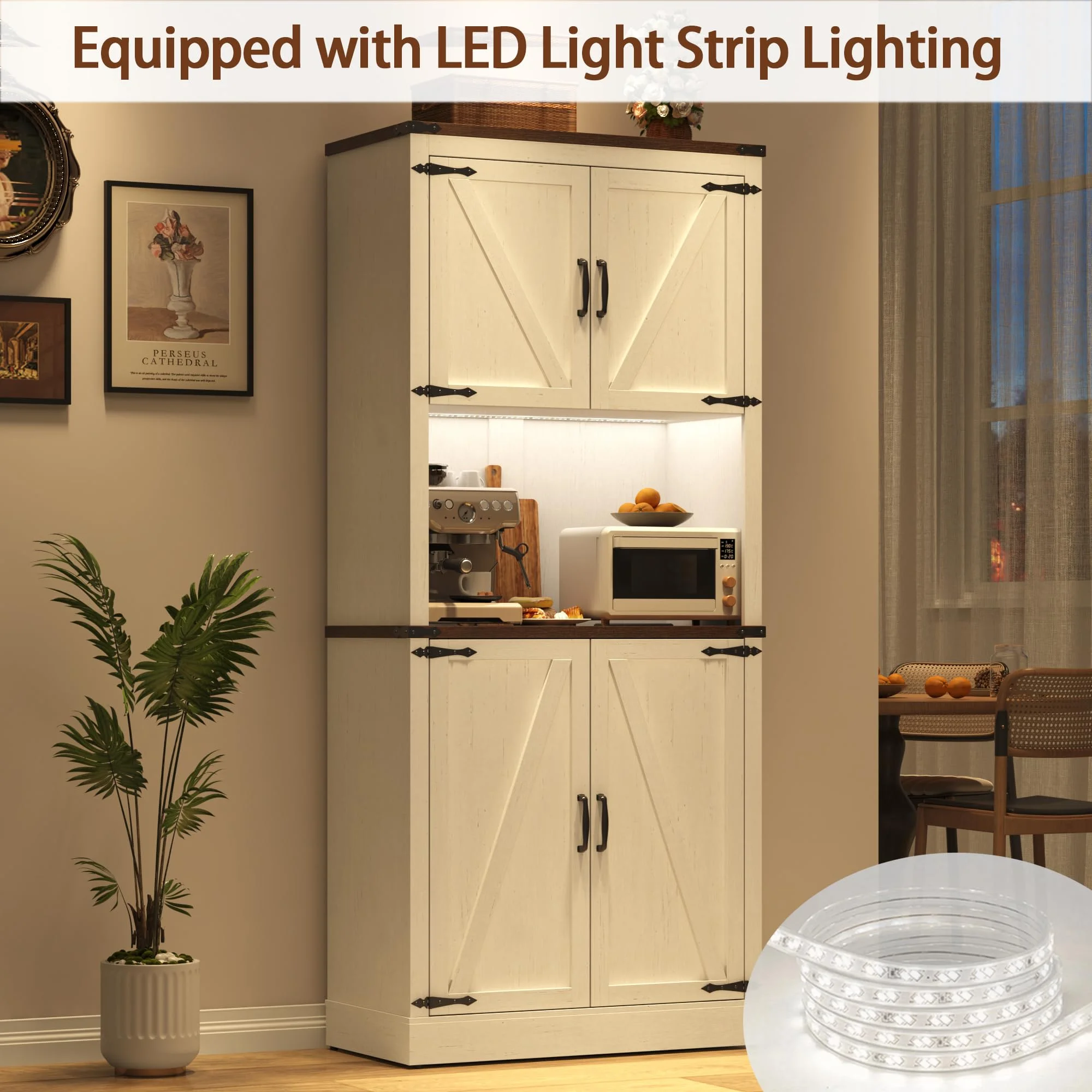 72" Tall Farmhouse Kitchen Pantry Cabinet with 10 Side Shelves and LED Light & Power Outlet, 5 Layers Pantry Storage Cabinet with Barn Doors&Load-Bearing Steel Pipe for Dining Room,Living Room