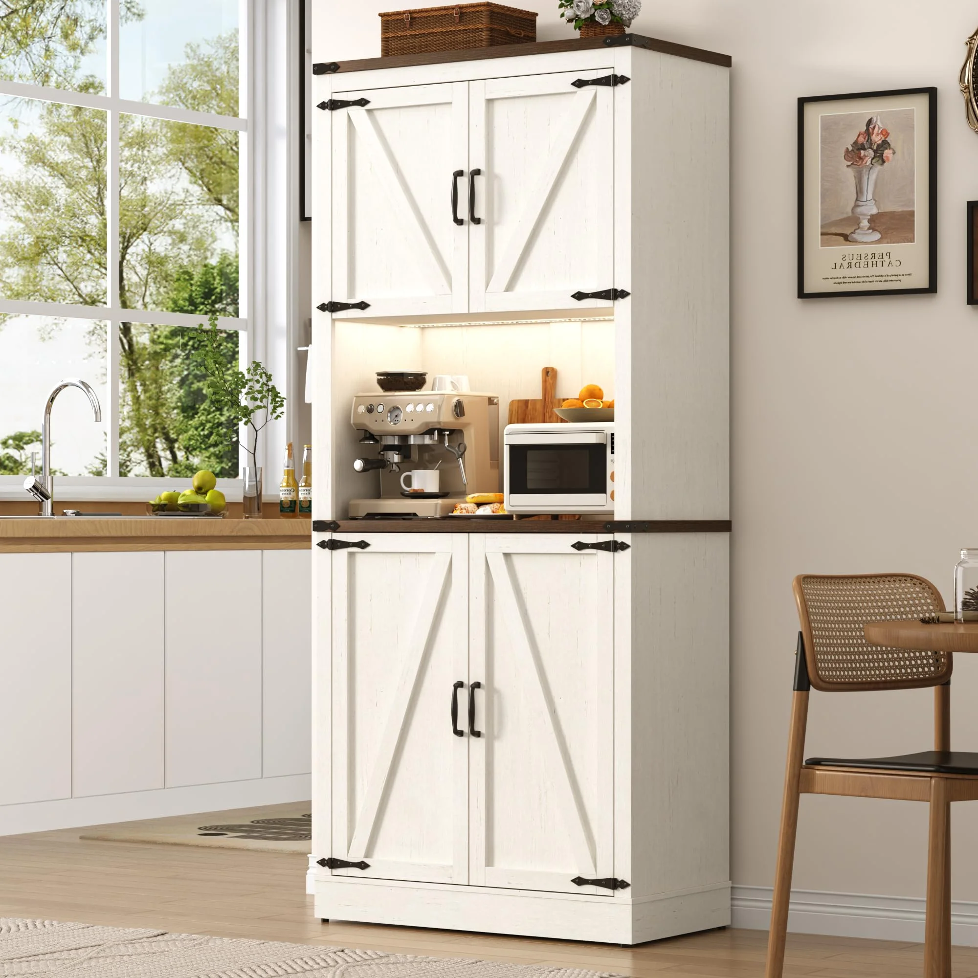 Tall Farmhouse Kitchen Pantry Cabinet with 10 Side Shelves and LED Light&Power Outlet,5 Layers Pantry Storage Cabinet with Barn Doors&Load-Bearing Steel Pipe for Dining Room,Living Room