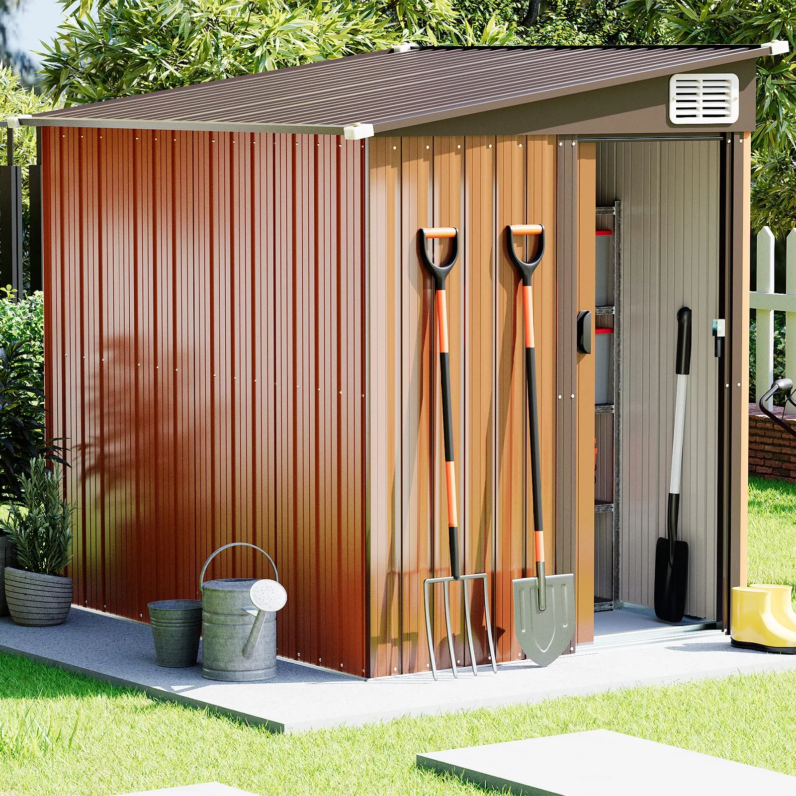 7' x 5' Outdoor Metal Storage Shed Garden Shed with Lockable Doors and Vents, Tools Shed Bike Shed Pet House for Backyard, Patio, Lawn, Brown