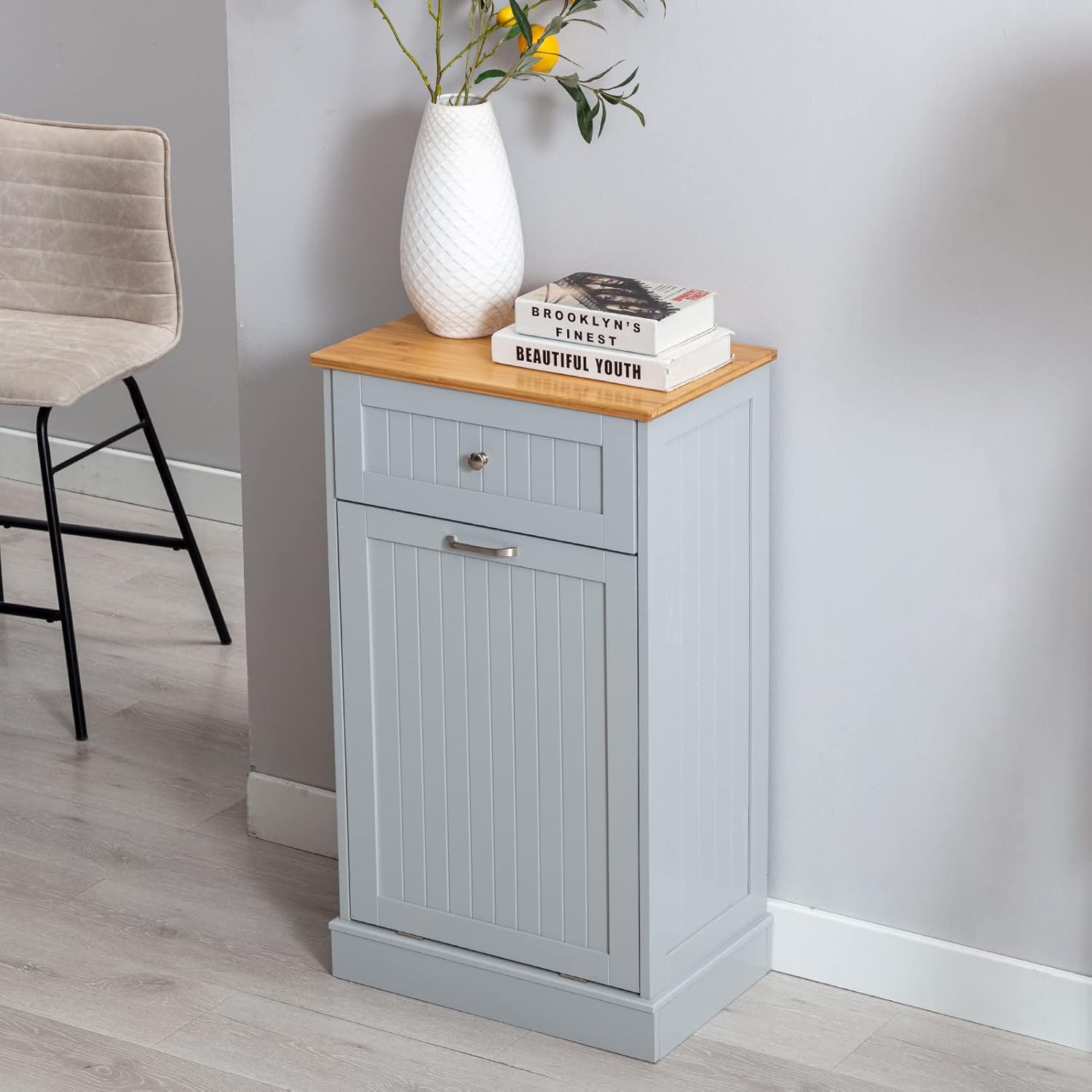 Hlivelood Double Trash Cabinet Tilt Out 20 Gallon, Pet Proof Kitchen Trash Cabinet Laundry Hamper with Cutting Board, Wood Garbage Recycling Station Hideaway Trash Holder Drawers