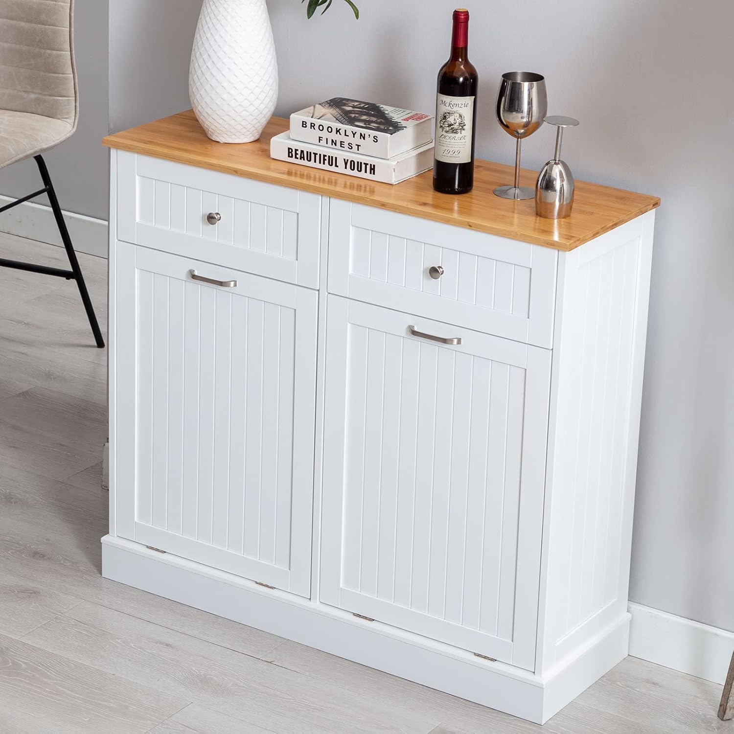 Hlivelood Double Trash Cabinet Tilt Out 20 Gallon, Pet Proof Kitchen Trash Cabinet Laundry Hamper with Cutting Board, Wood Garbage Recycling Station Hideaway Trash Holder Drawers