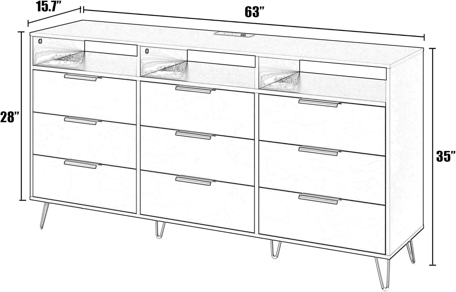 Blotout 9 Drawer Dresser with Charging Station, Modern Long Dressers & Chests of Drawers, Wood Dresser with LED Lights for Bedroom, Living Room, Hallway
