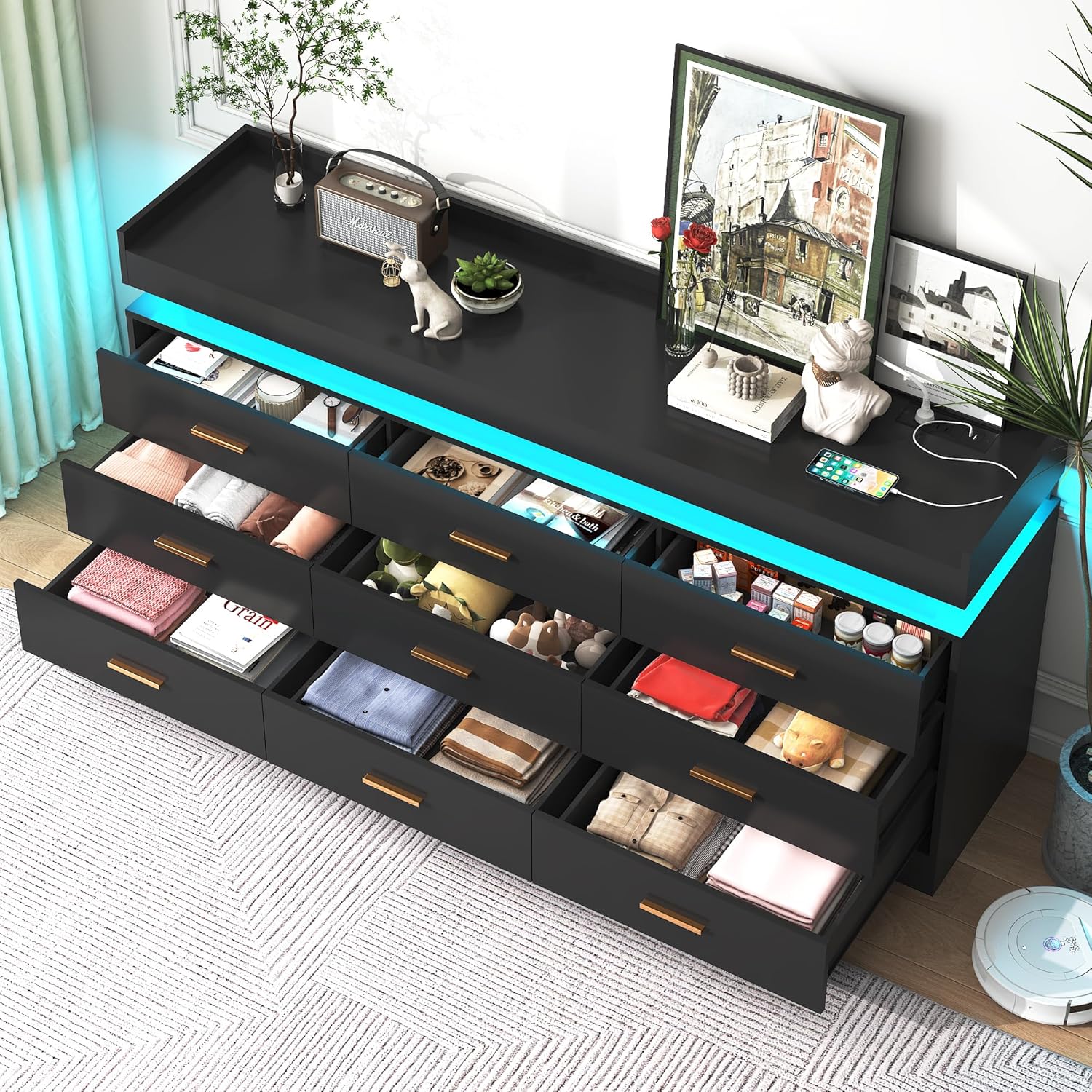 Black Dresser for Bedroom, 63 Inch Long 9 Drawers Dresser with Charging Station and LED light, Modern Large Wood Chest of Drawers, Dresser for Bedroom, Living Room, Entryway, Hallway