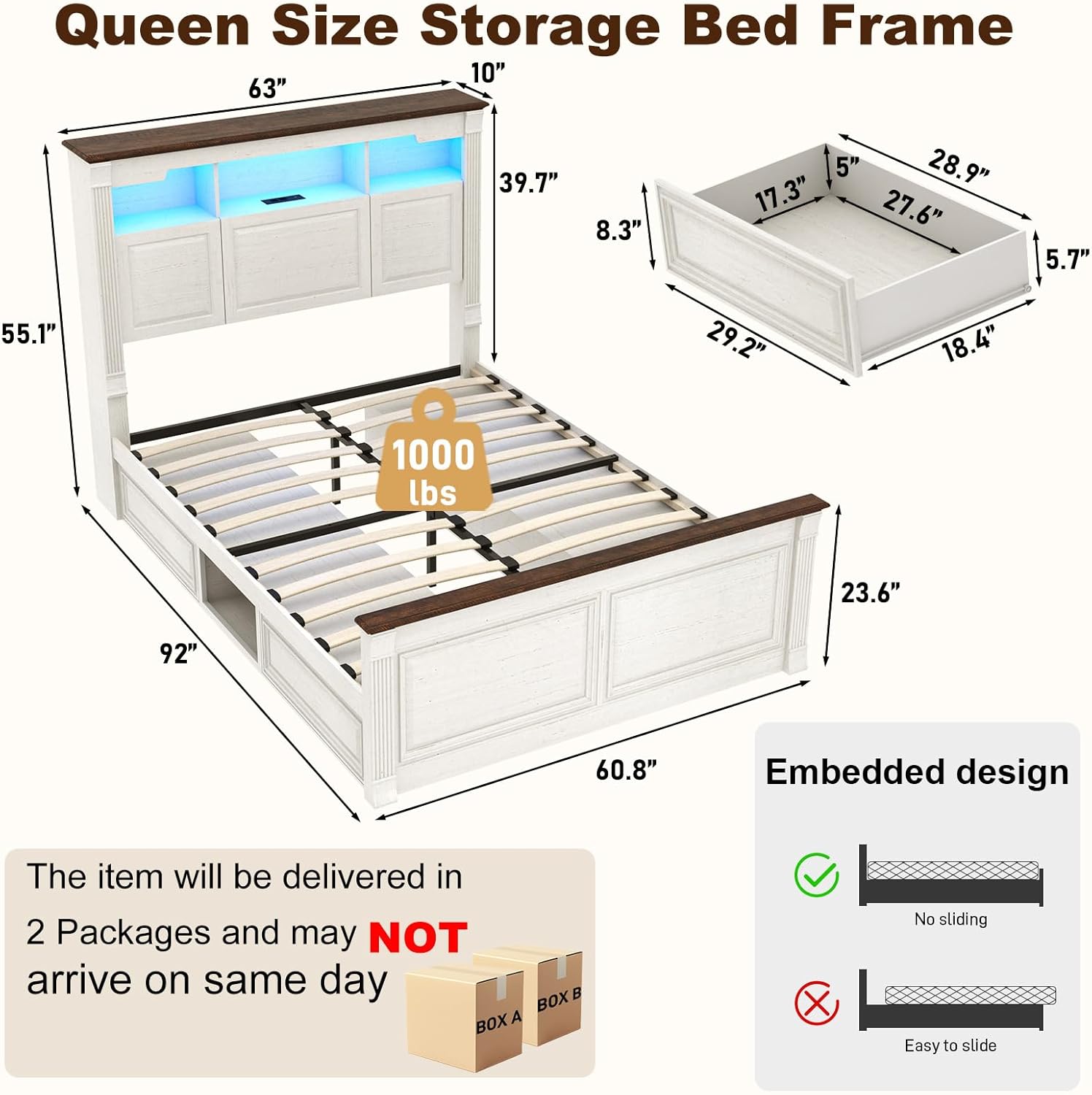 Blotout Farmhouse King Size Bed Frame with 55" Tall Storage Bookcase Headboard & 4 Drawers, Wood Platform Bed Frame with 24" Roman Colum Footboard, LED Light, Charging Station, No Box Spring Needed