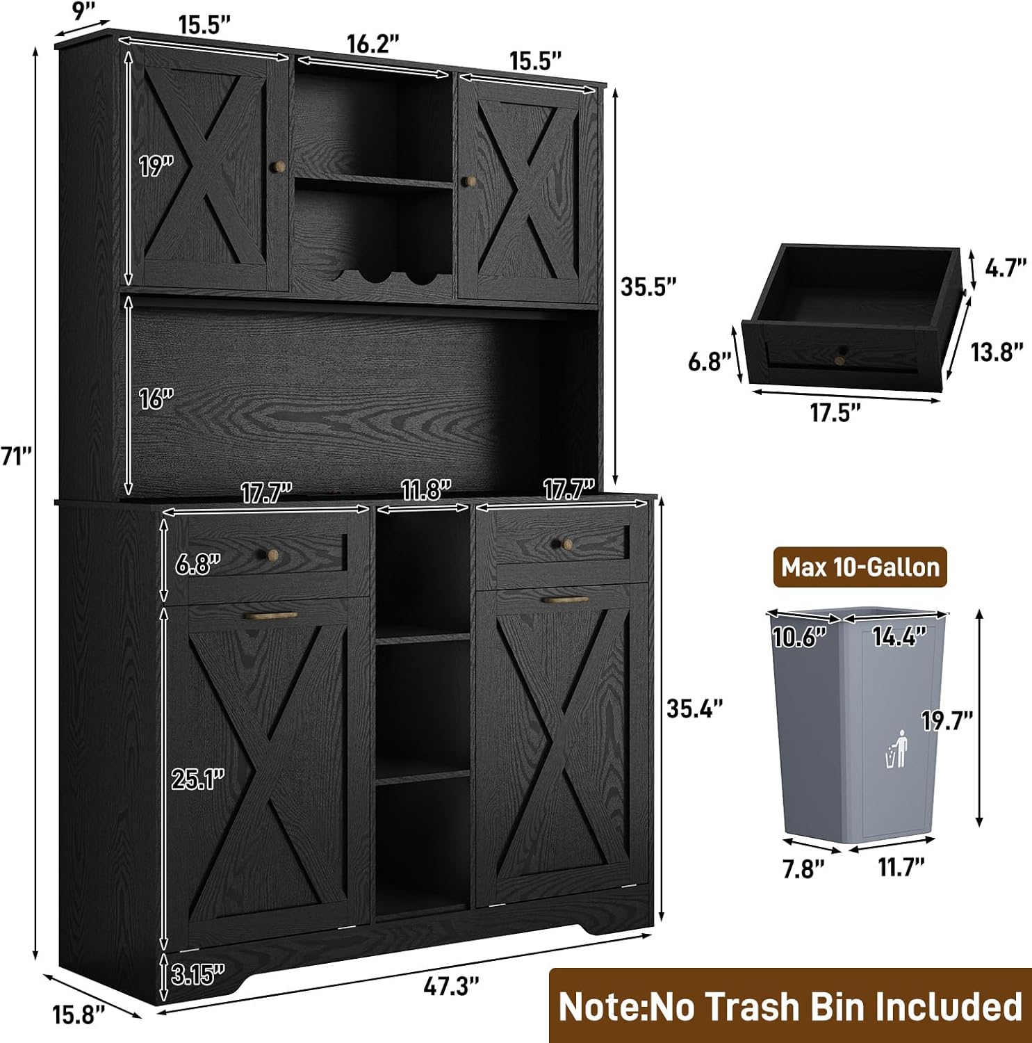 Blotout 47" Wide Kitchen Pantry Storage Cabinet with Charging Station & Microwave Stand, Tall Farmhouse Kitchen Hutch Cabinet, Double Tilt Out Trash Can Cabinet 10X2 Gallon