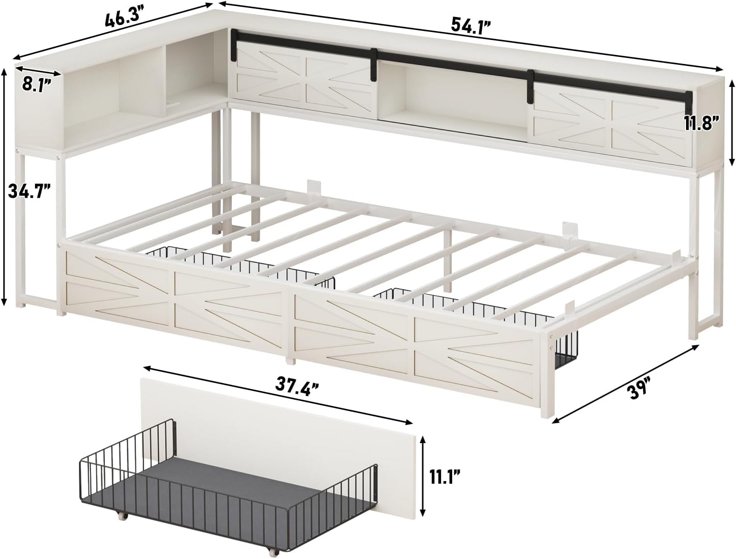 Blotout Twin Corner Bed Frame with Bookcase Headboard and Storage Drawers, Twin Metal Platform Bed Frame with Charging Station and LED Lights, Twin Size Daybed for Living Room, Bedroom and Guest Room