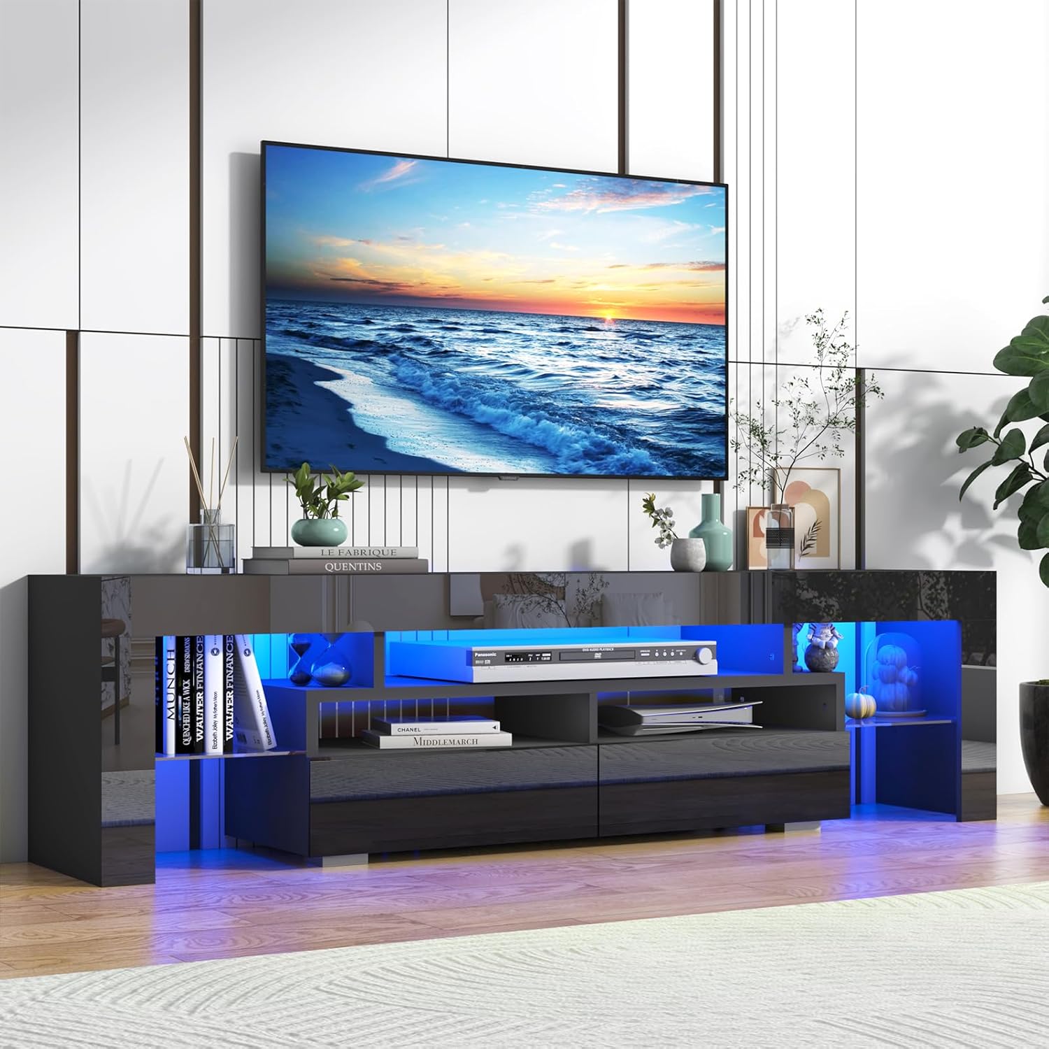 Blotout 71in LED TV Stand for 75/80 inch TV, High Gloss TV Entertainment Center with 2 Large Storage Drawer, APP RGB Light, Modern TV Stands for Living Room